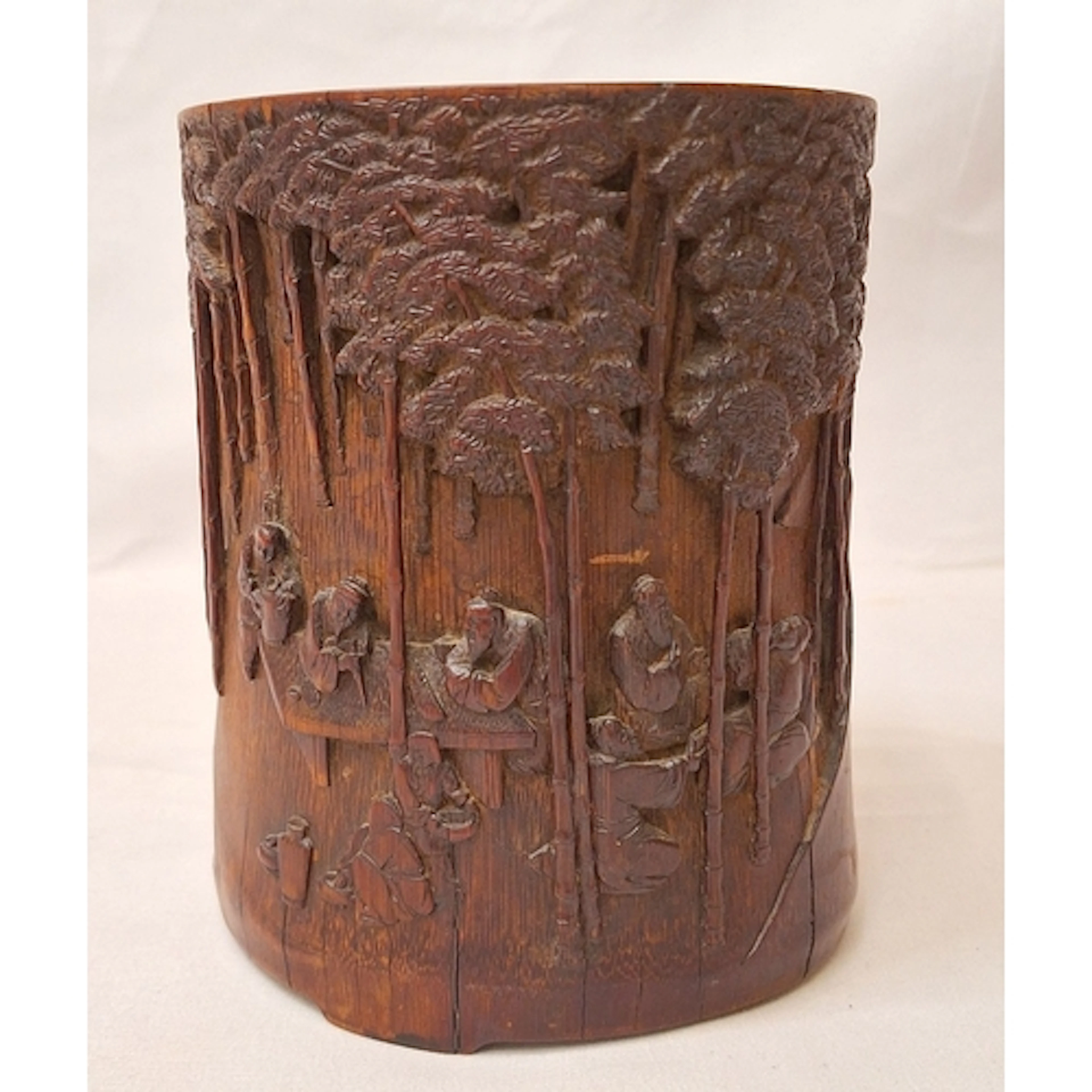 Finely Carved Chinese Bamboo Brush Pot, depicting Sages with...