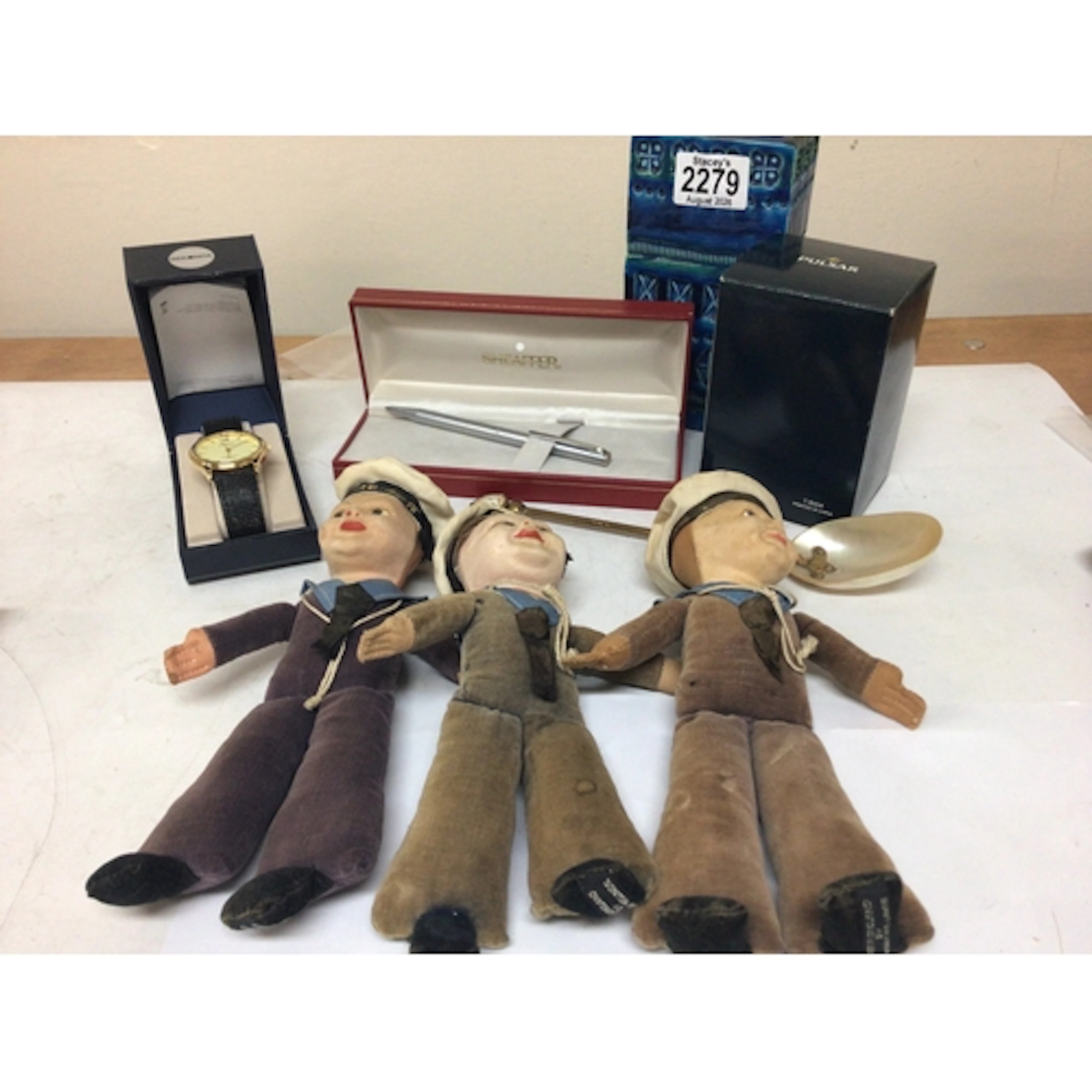 Three Vintage Norah Wellings felt dolls a Sheaffer pen watch...