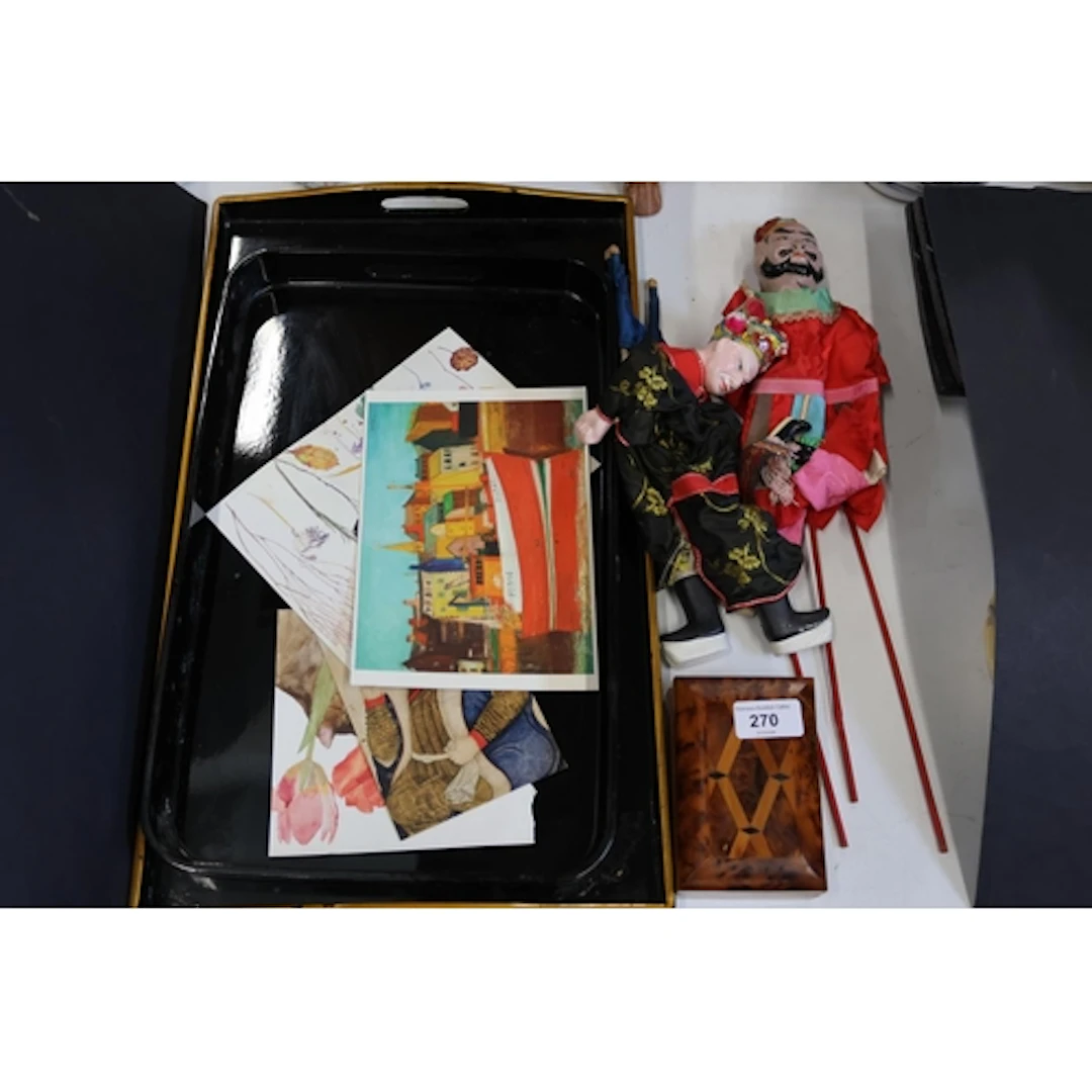 Oriental puppet dolls, two lacquered trays, inlaid wooden tr...