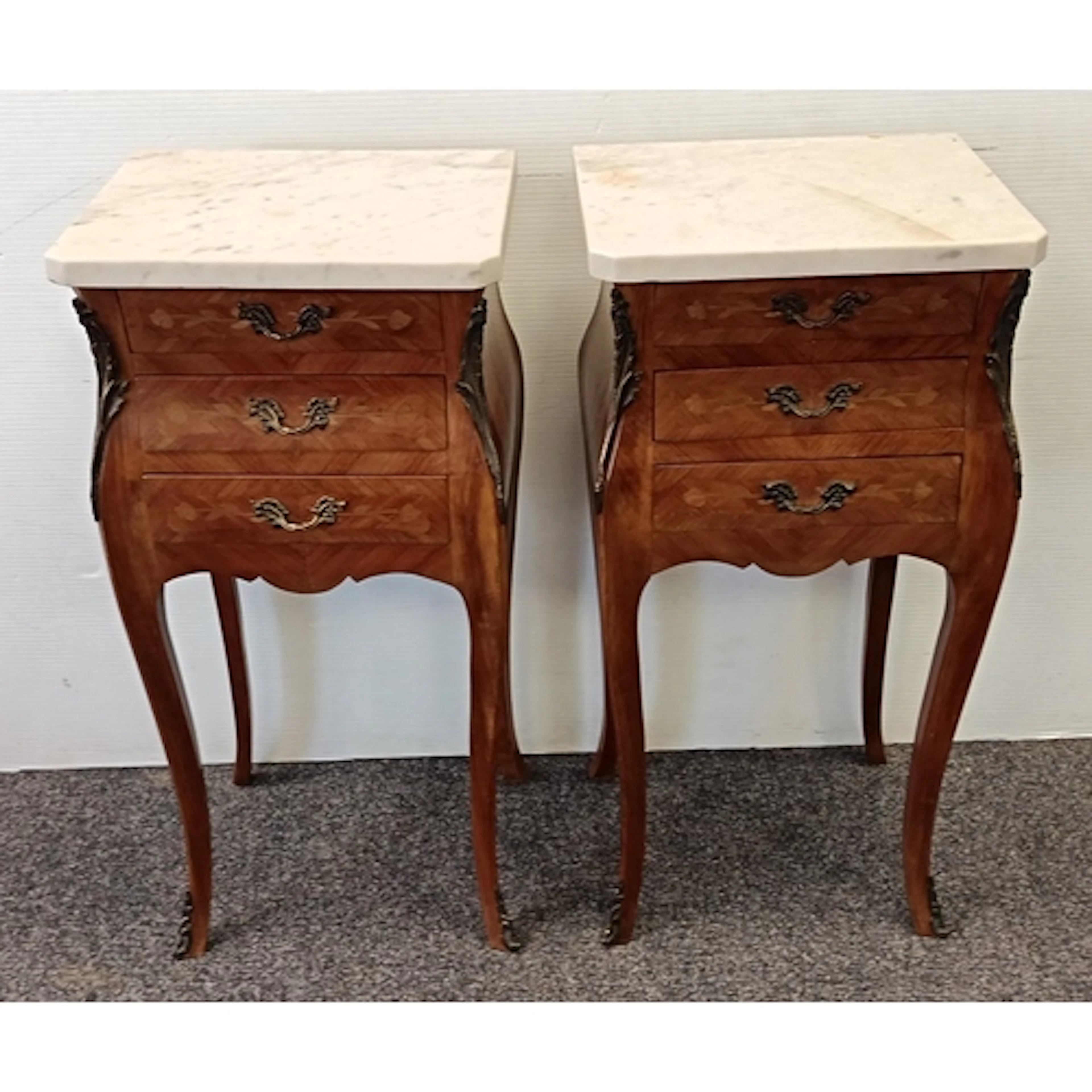 Pair of French Style Marble Top Bedside Tables with Marquetr...