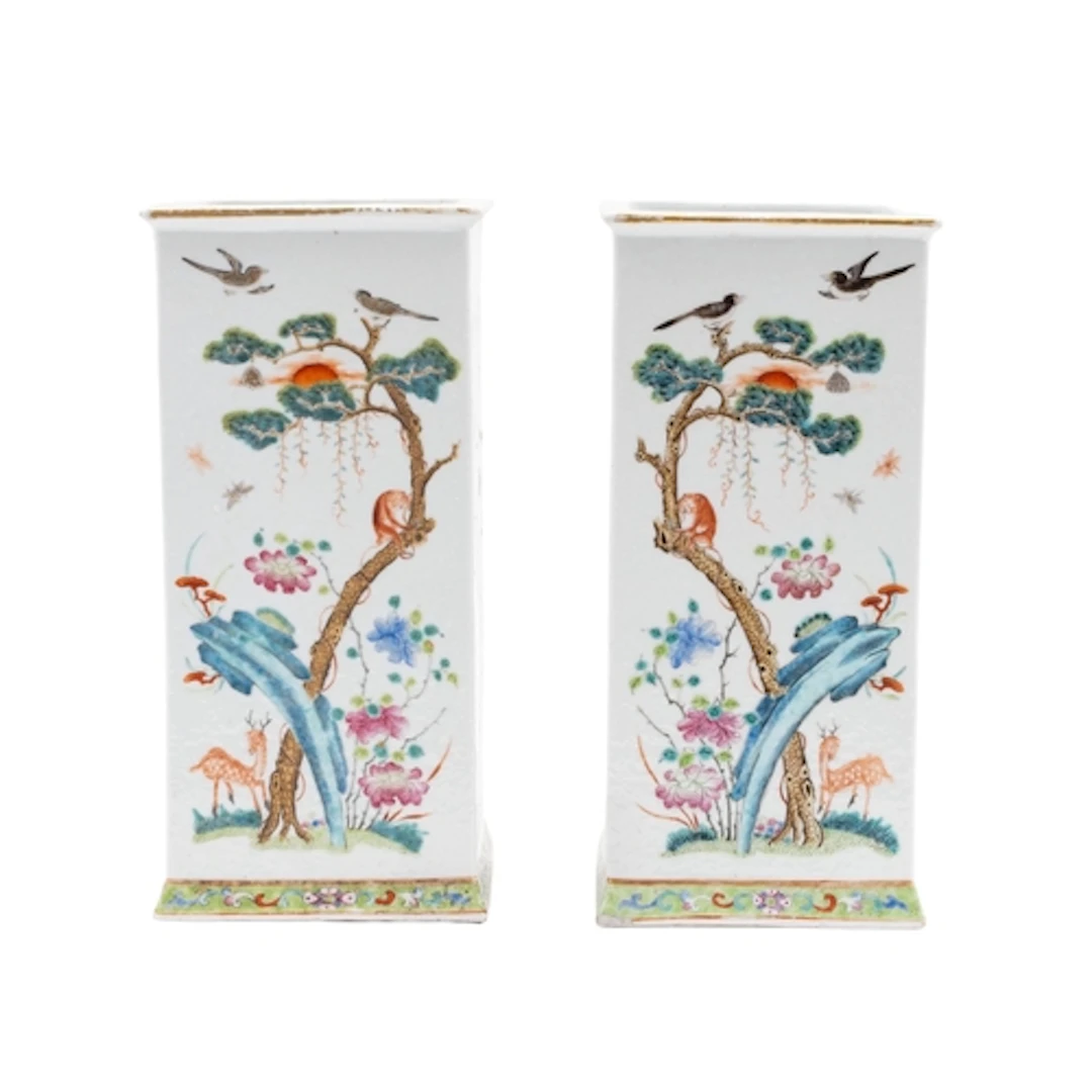 A pair of Chinese famille rose square-section vases, Qing Dy...