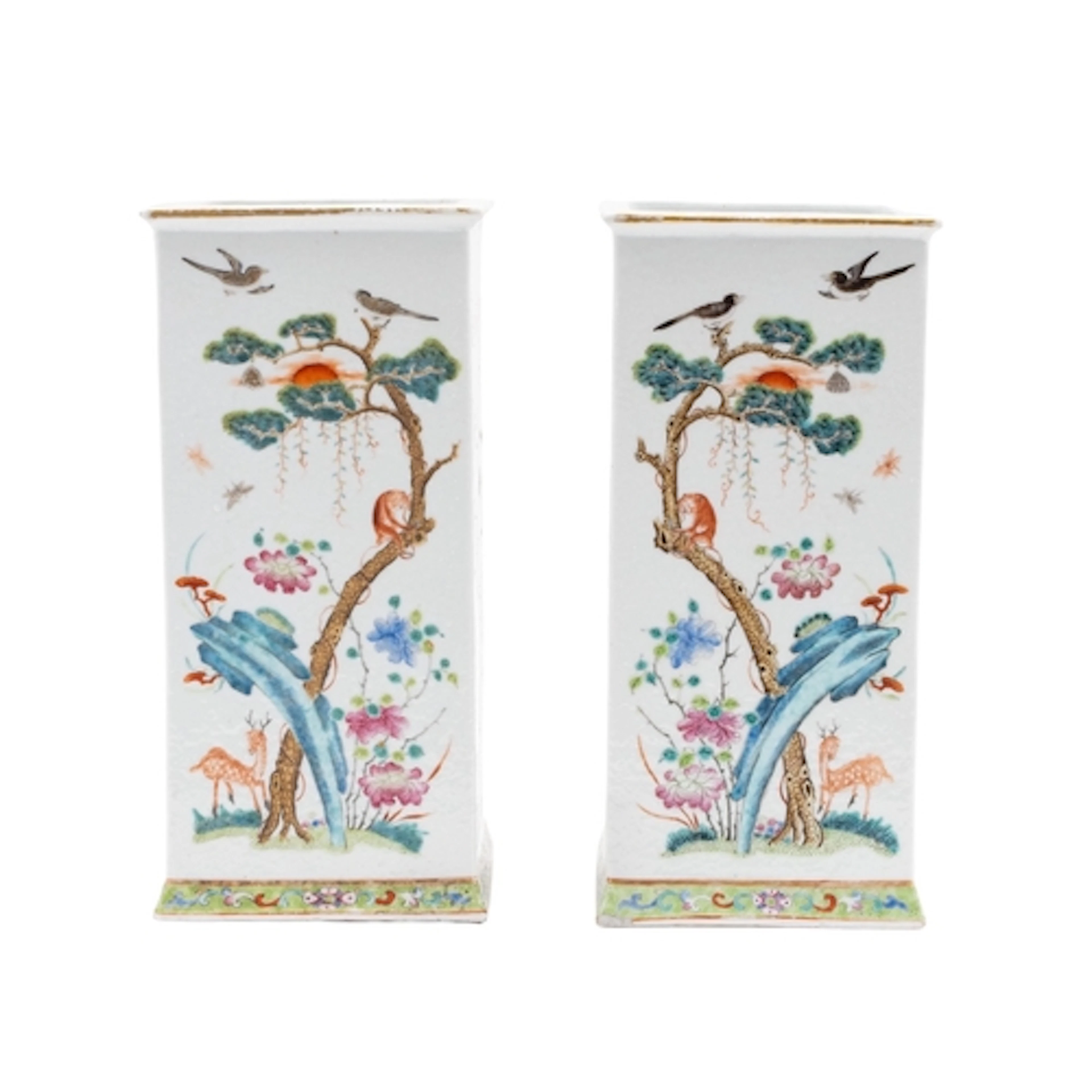 A pair of Chinese famille rose square-section vases, Qing Dy...