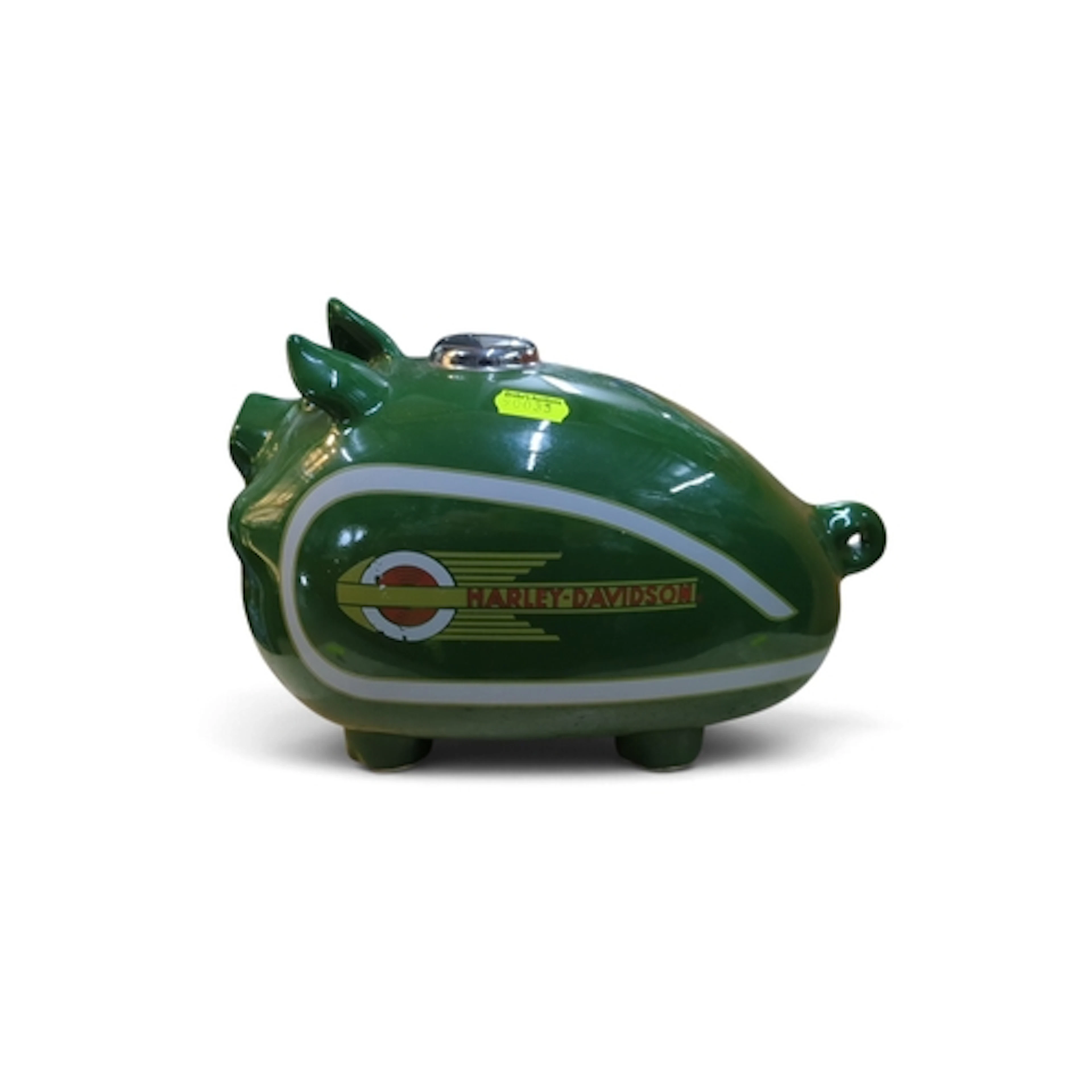 Harley-Davidson glazed ceramic piggy bank in green, decorate...