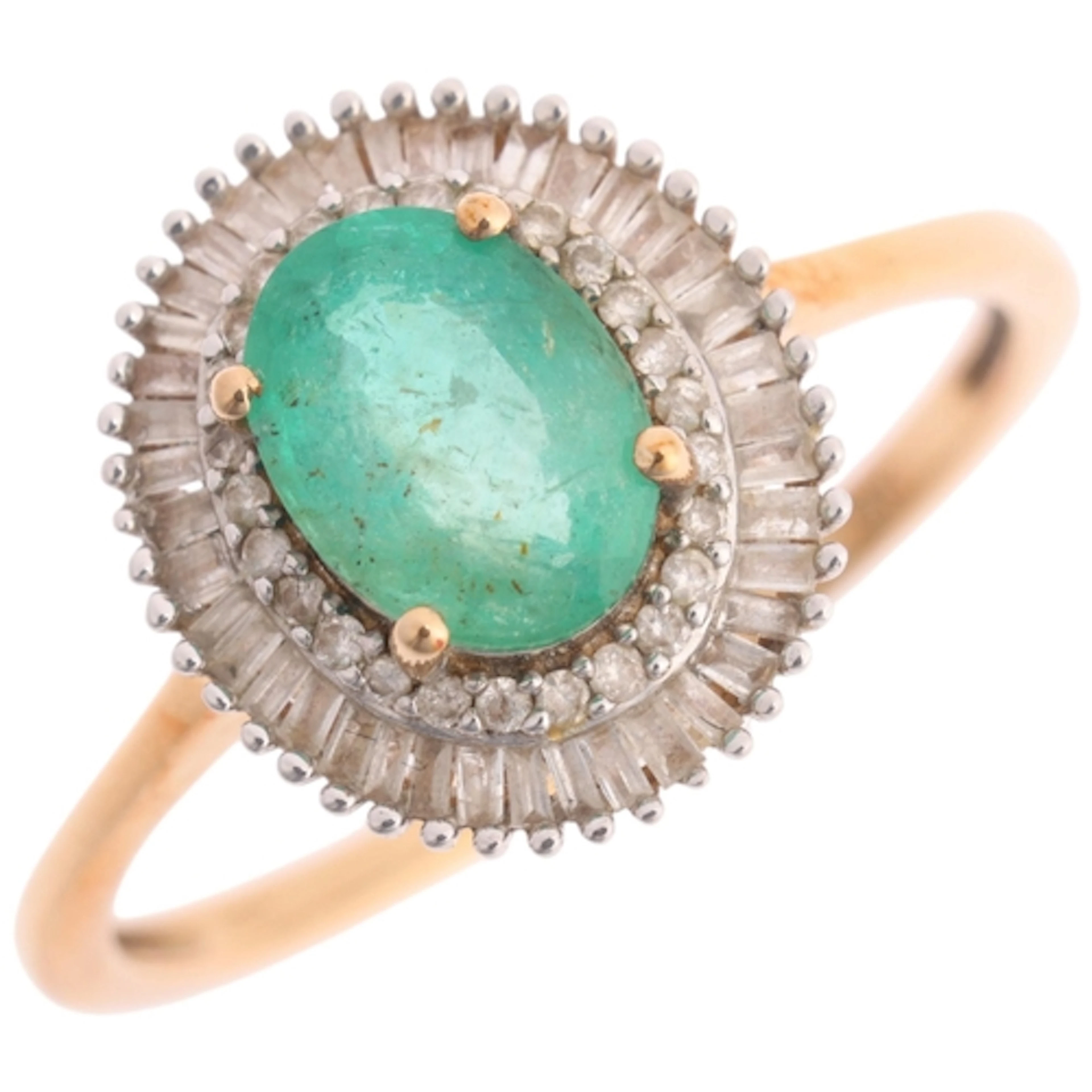 A 9ct gold emerald and diamond cluster ring, TJC, claw set w...