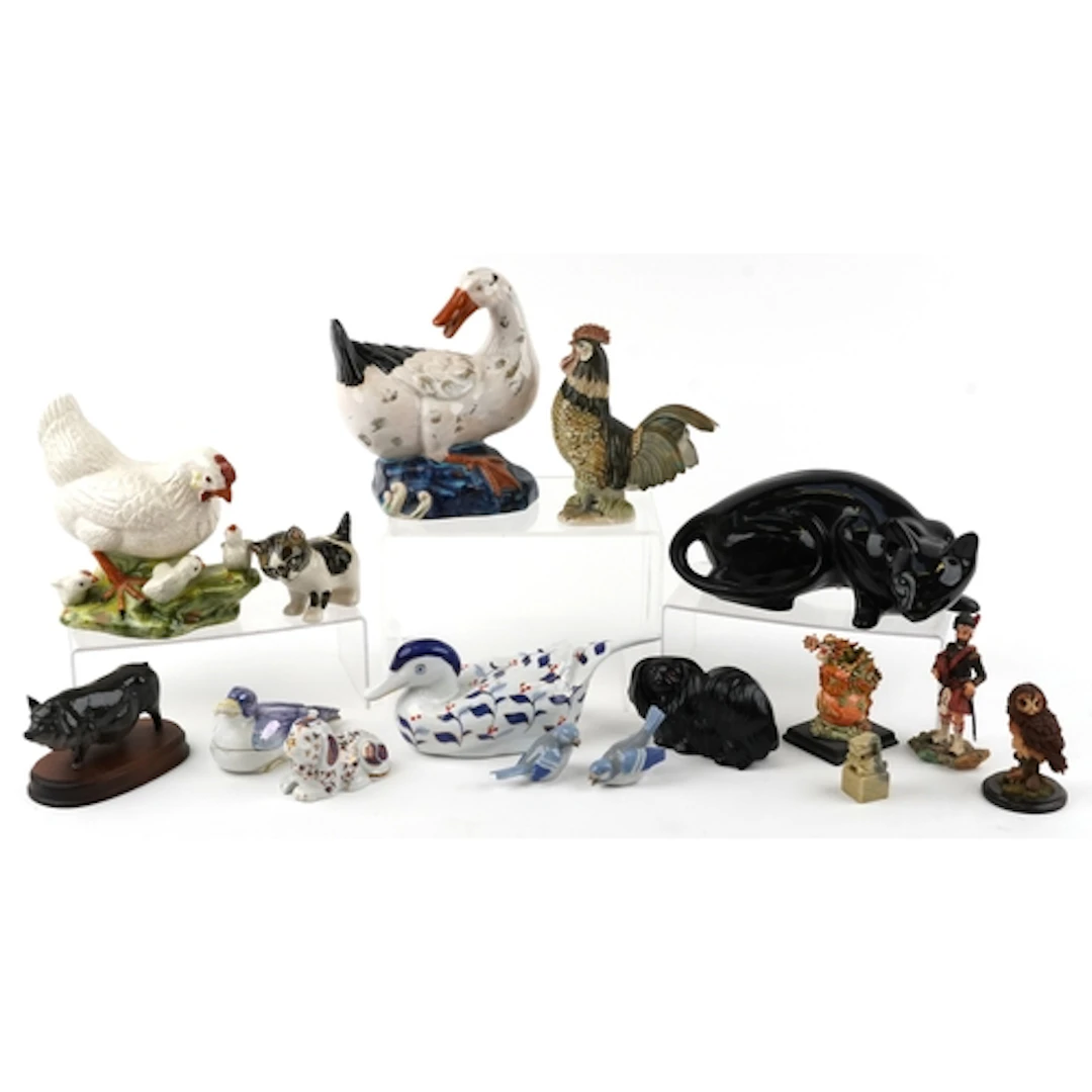 Collection of decorative porcelain animals, the largest 35cm...