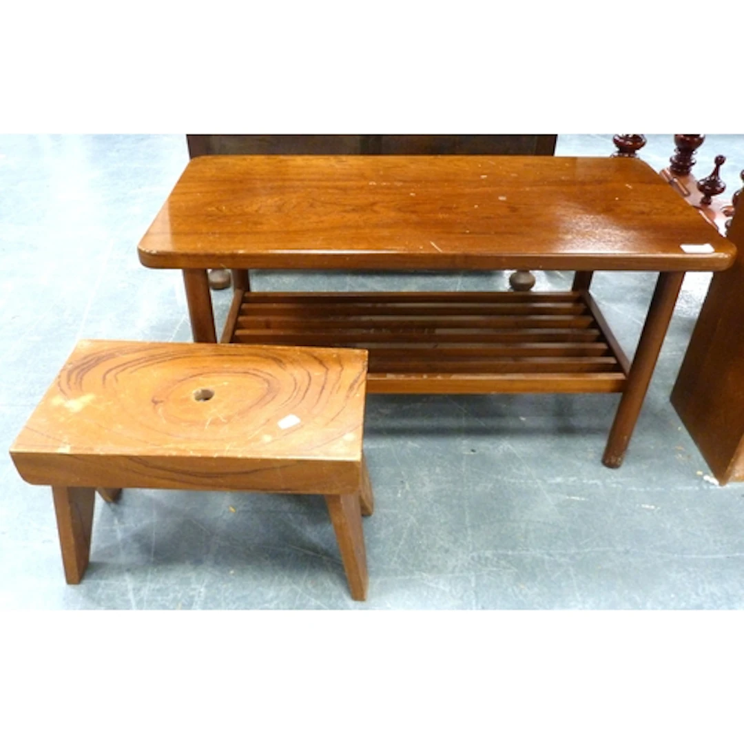 Rectangular two tier coffee table and a wooden stool. (2)