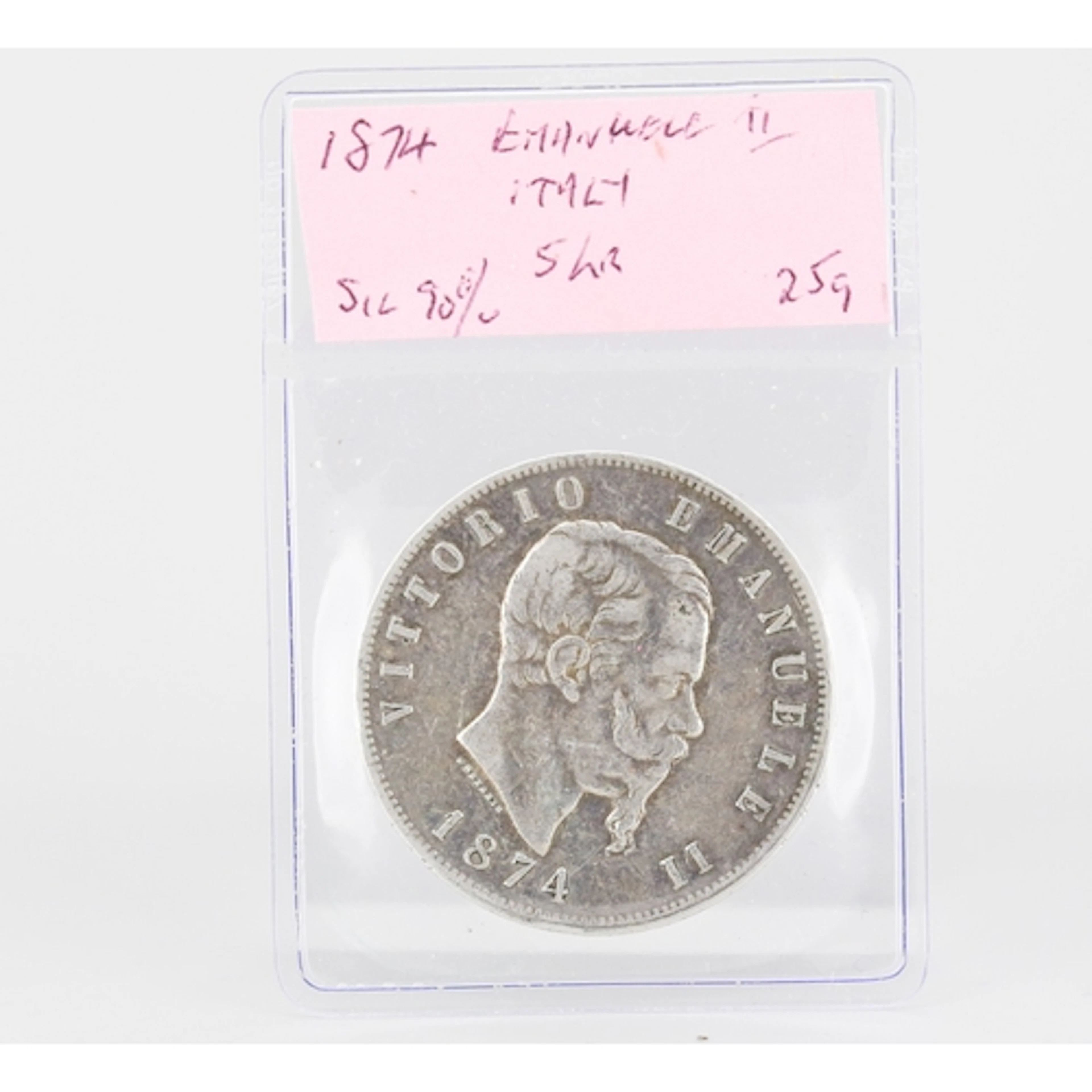 Silver Italian 5 Lire Coin, Vittorio Emanuele II 1874
