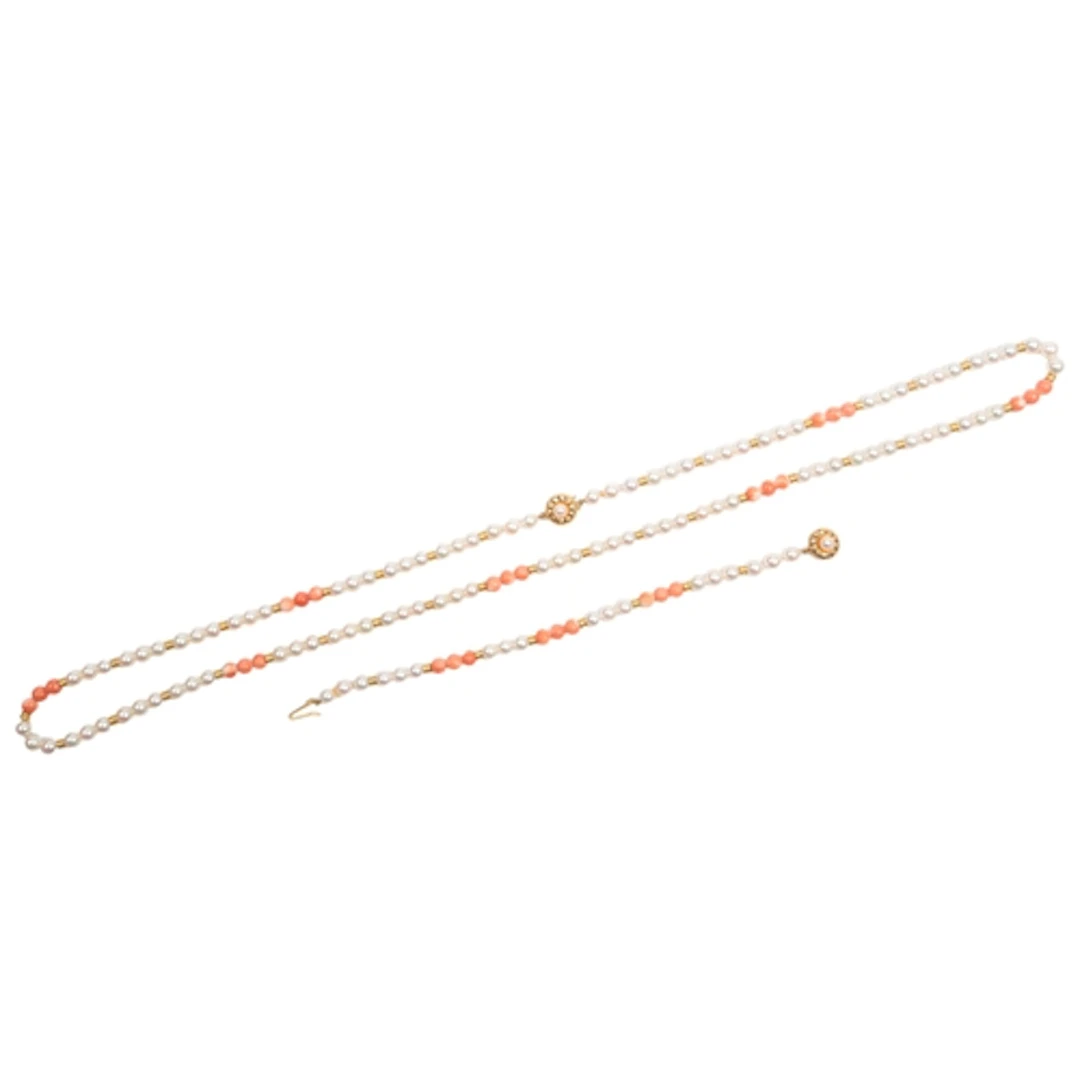 A cultured pearl and coral necklace and bracelet, each compo...