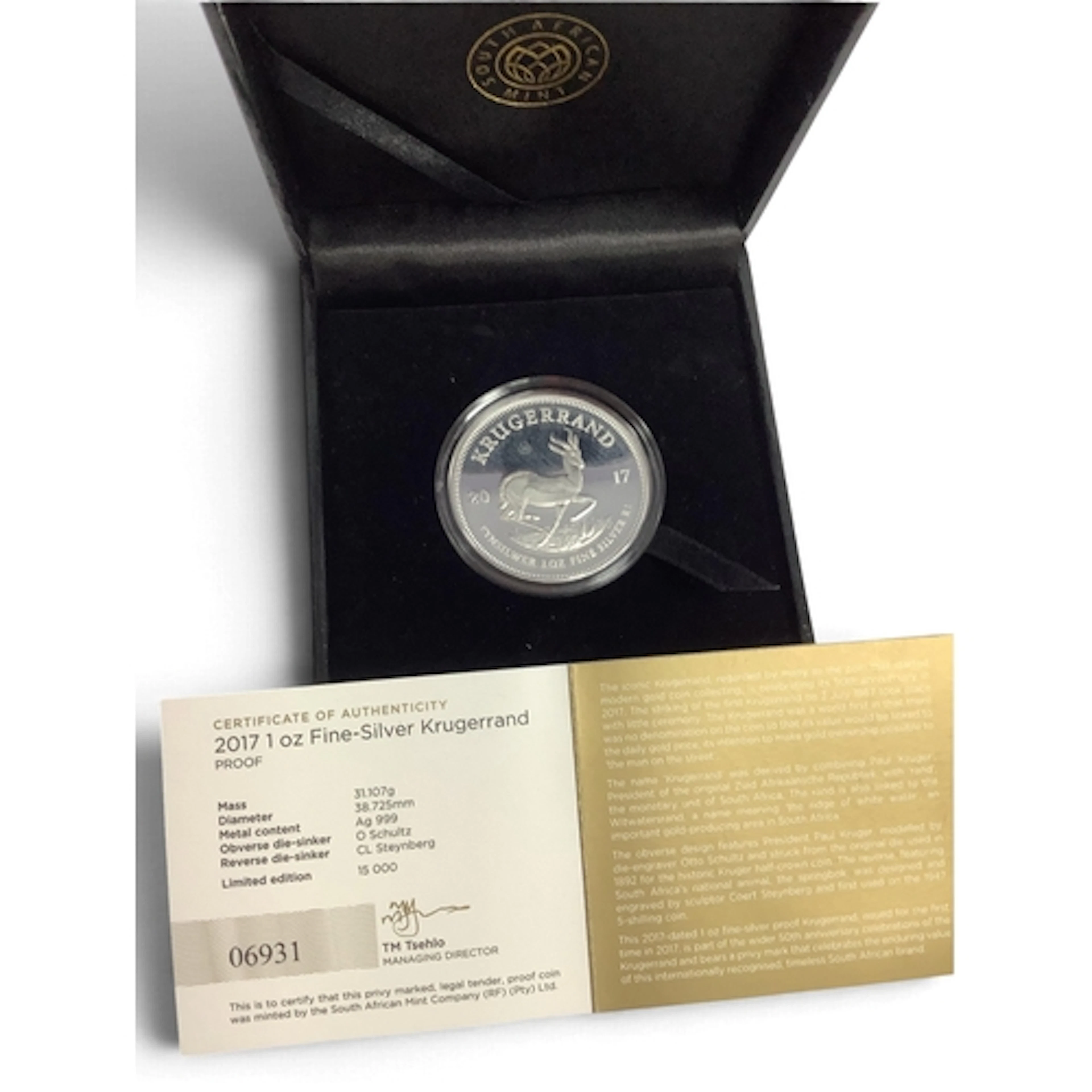 2017 South African Mint One Ounce Fine Silver Krugerrand, ca...