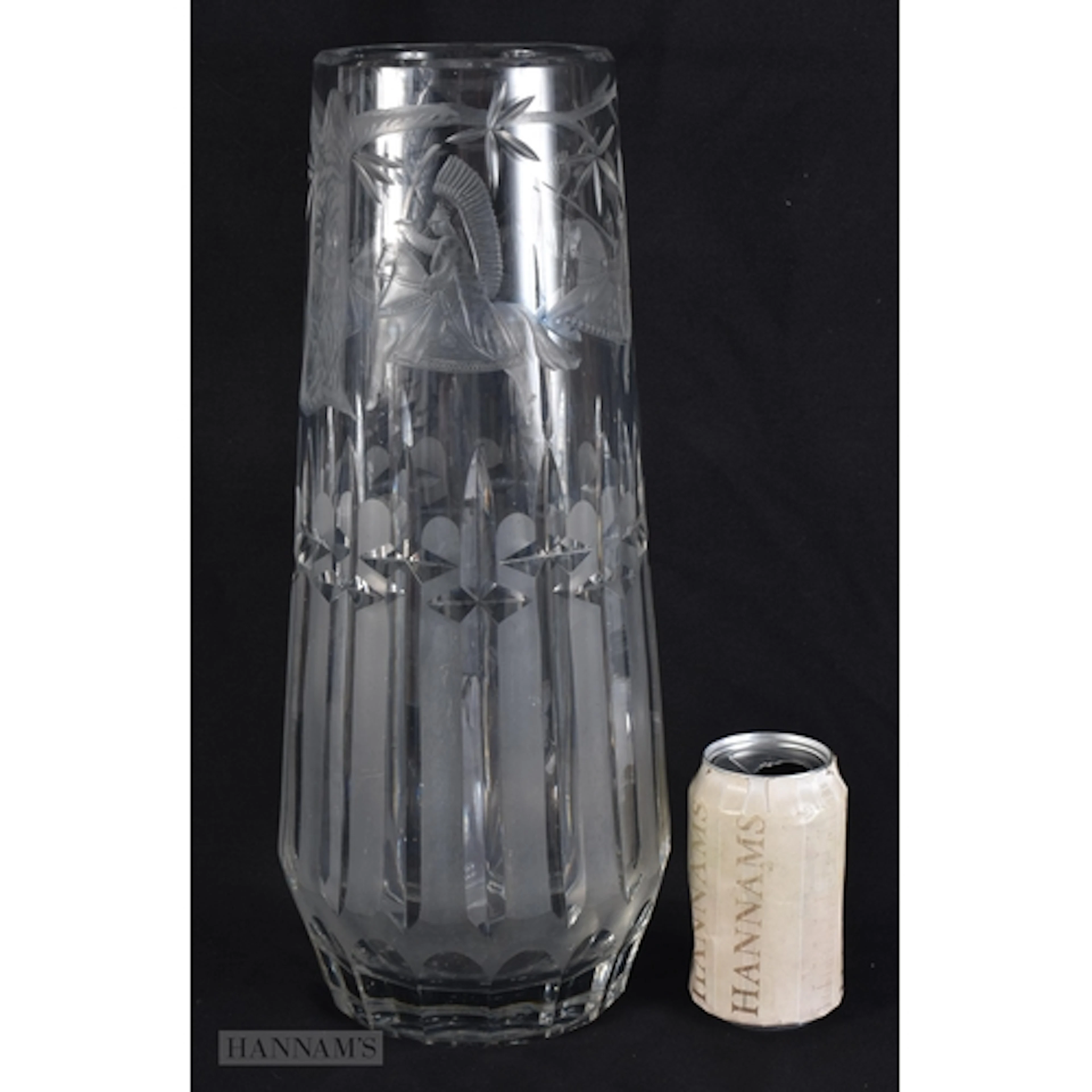 A LARGE CZECH GLASS ENGRAVED VASE decorated with winged figu...