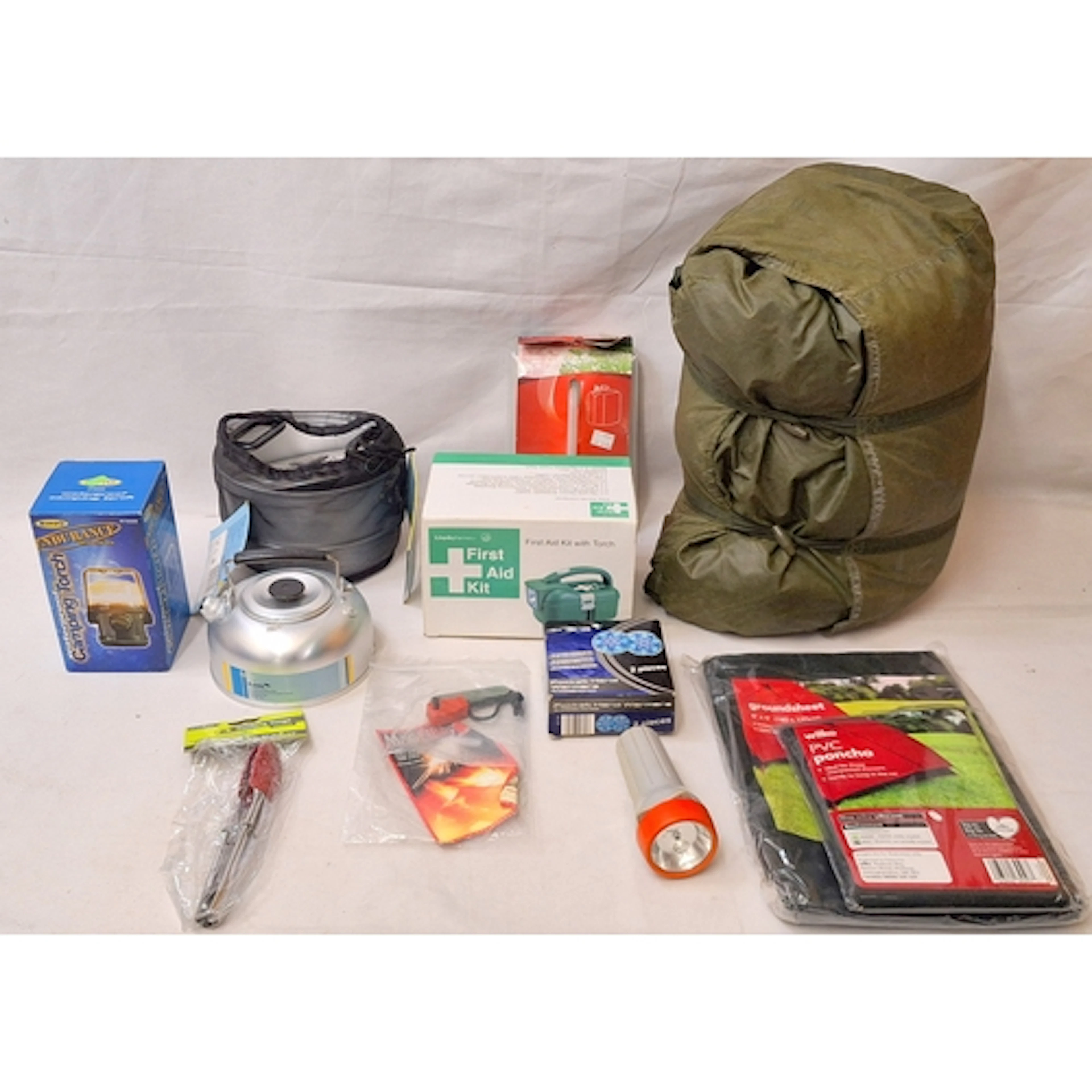 Green Camouflage Khaki Waxed Sleeping Bag, first aid kit, ca...