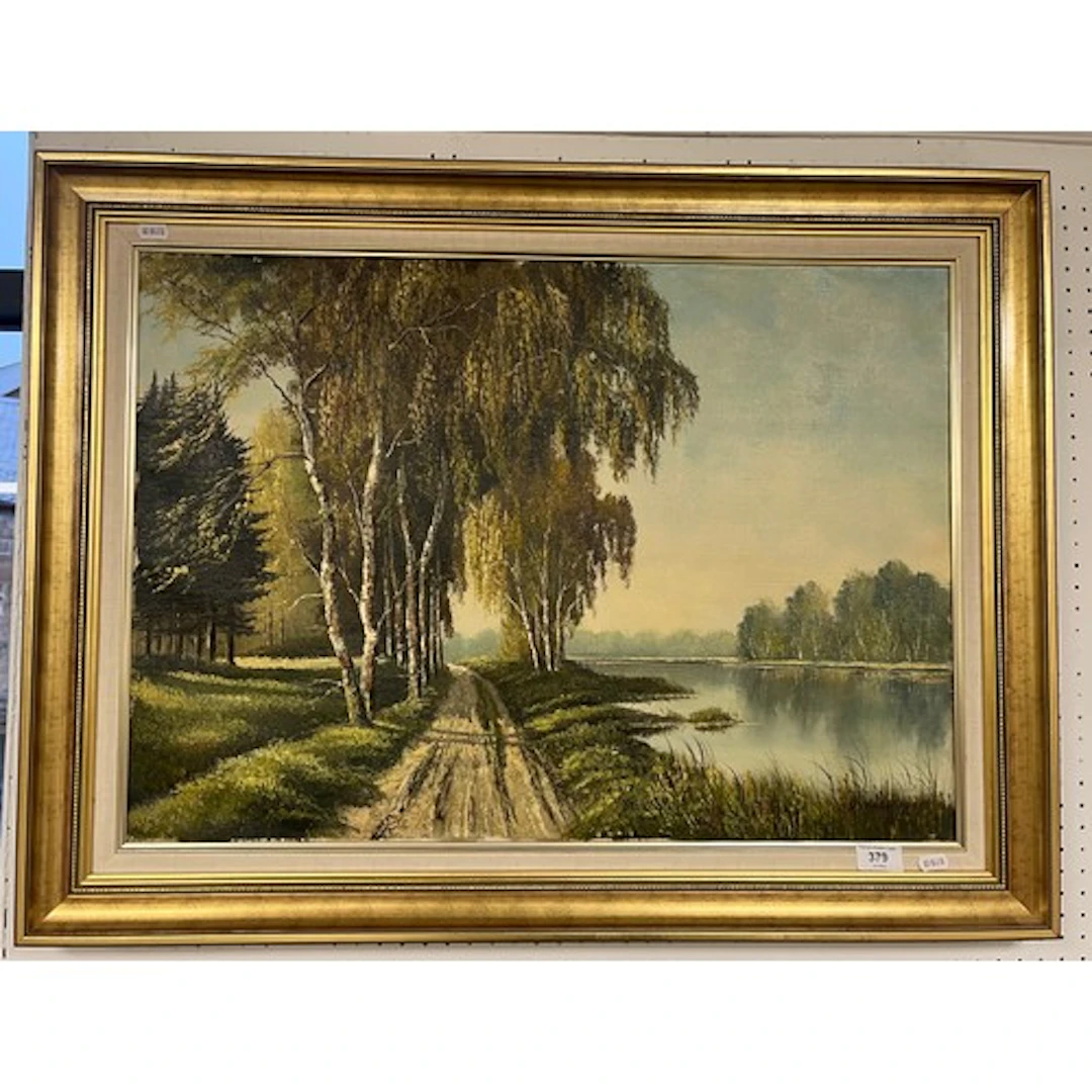 D.V.L, River side path, Oil on canvas, 50cm by 69cm. ...