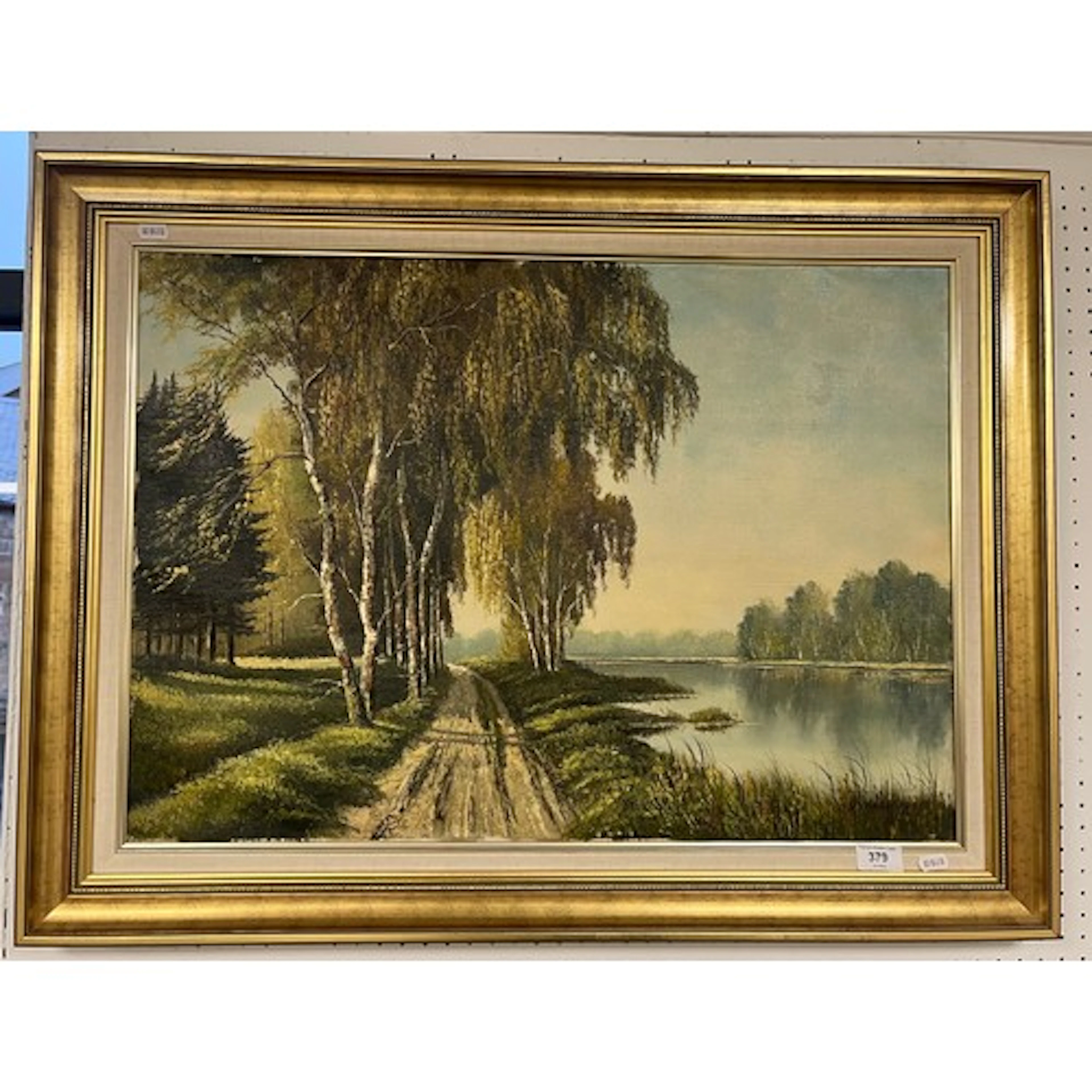 D.V.L, River side path, Oil on canvas, 50cm by 69cm. ...