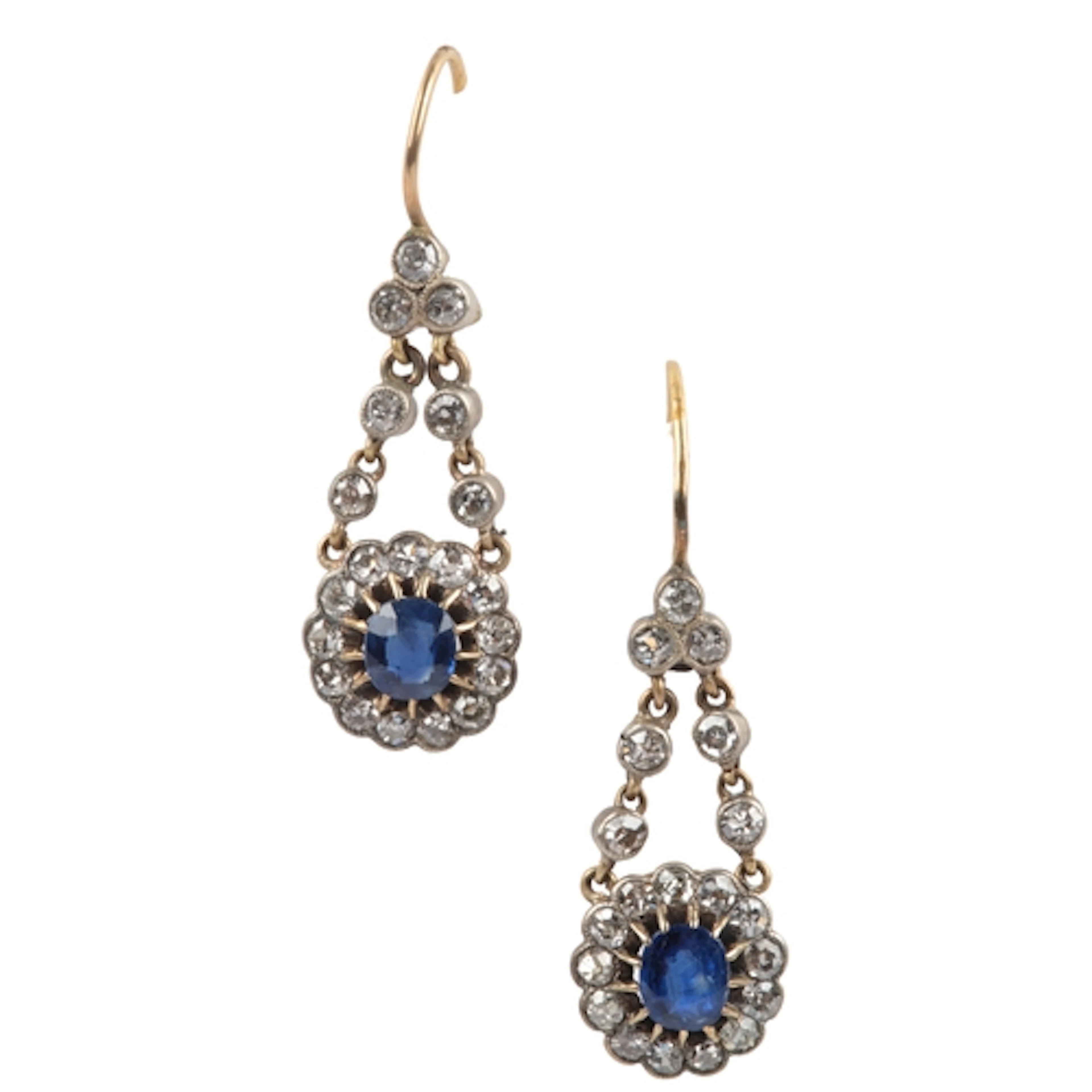 A pair of sapphire and diamond earrings, circa 1900, of pend...