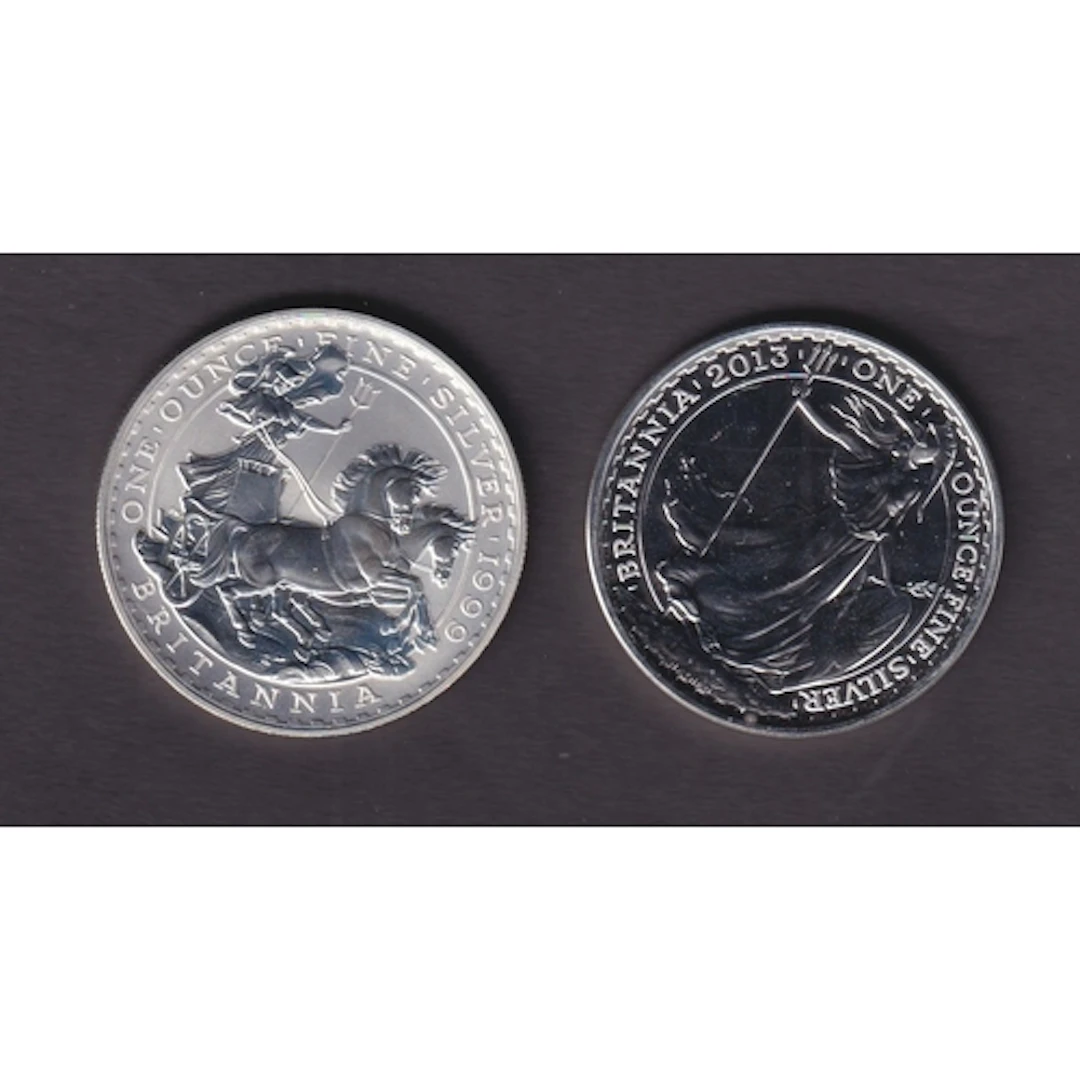 A pair of UK 1999 and 2013 £2 uncirculated silver Britannia ...