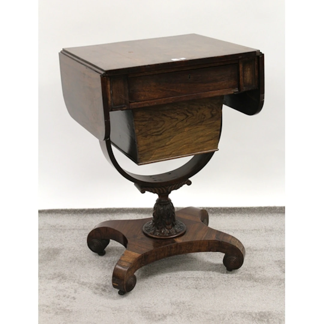 William IV rosewood drop-leaf work table on carved column an...