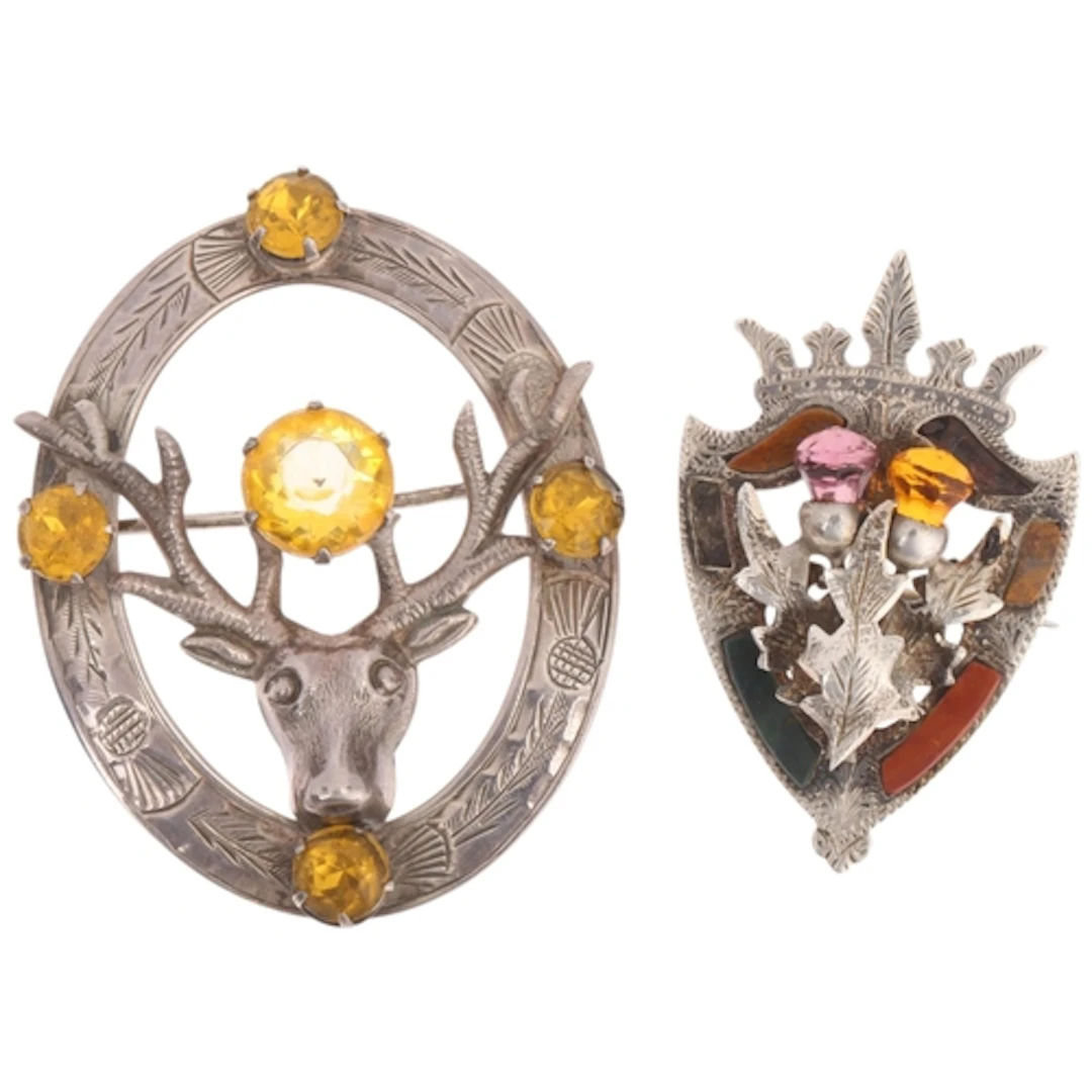 2 Scottish silver brooches, including shield thistle hardsto...