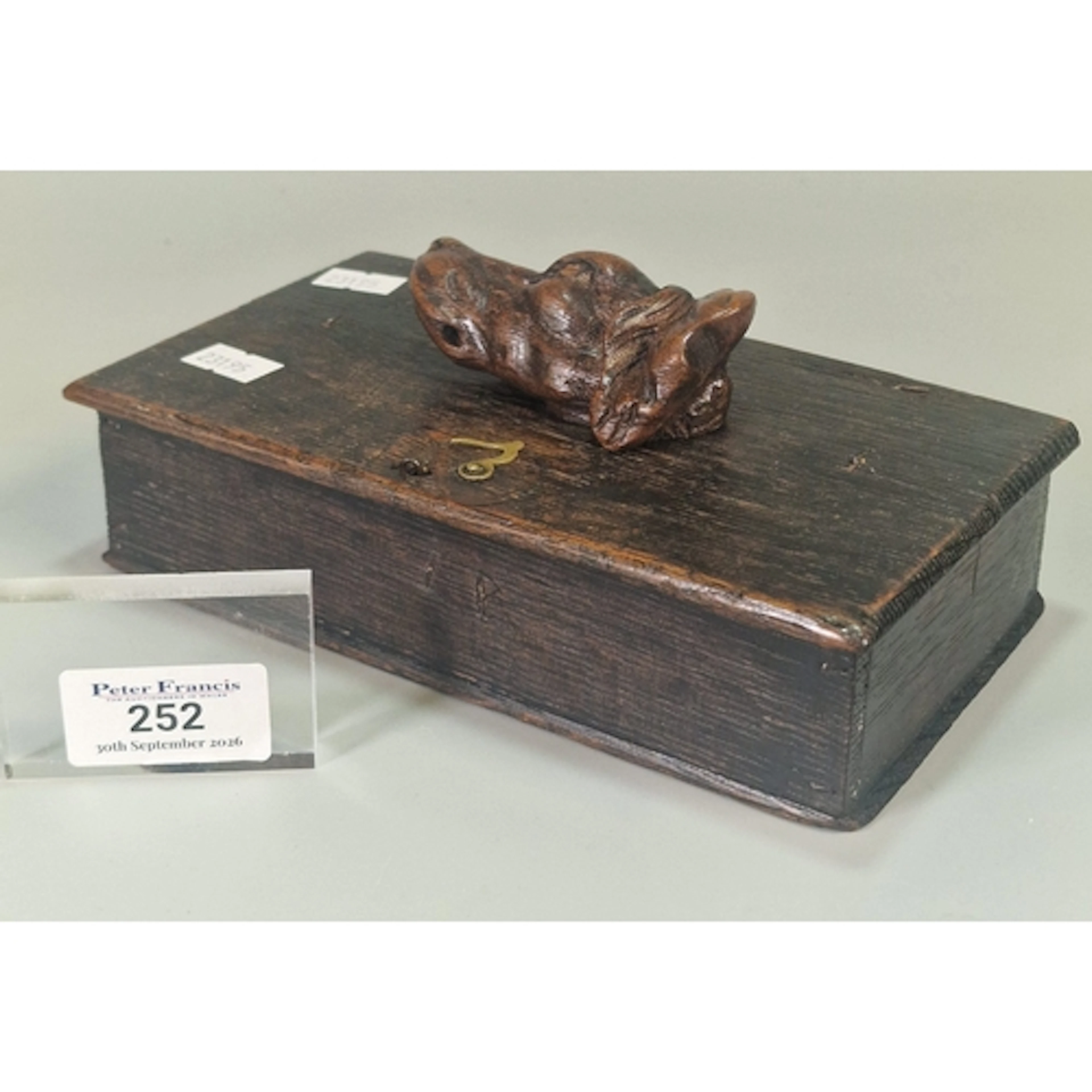Carved vintage wooden trinket box with hound or dog head scu...