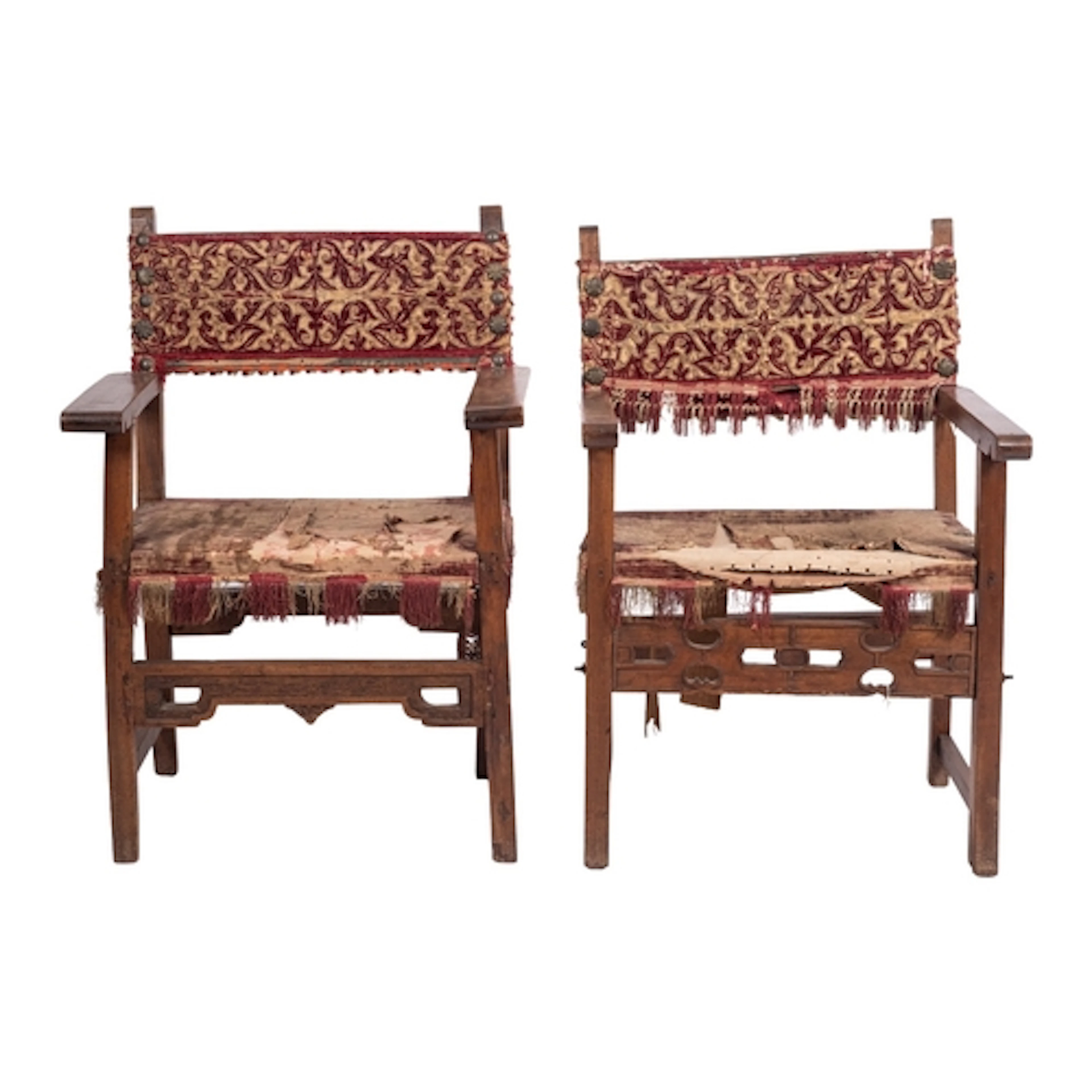 Two similar walnut and upholstered open elbow chairs, late 1...