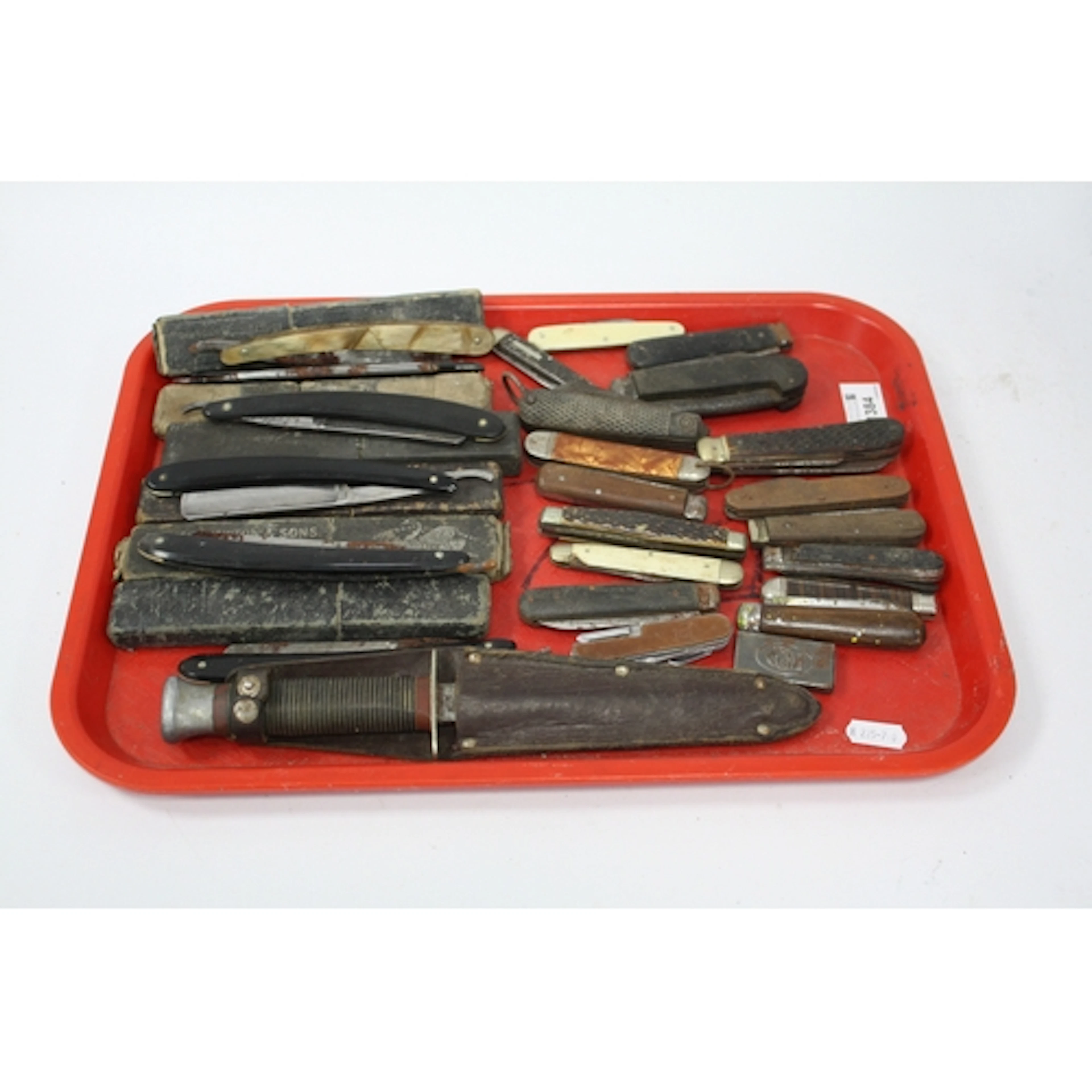 Rodgers Hunting Knife in Sheath, six cut throat razors, Mosl...