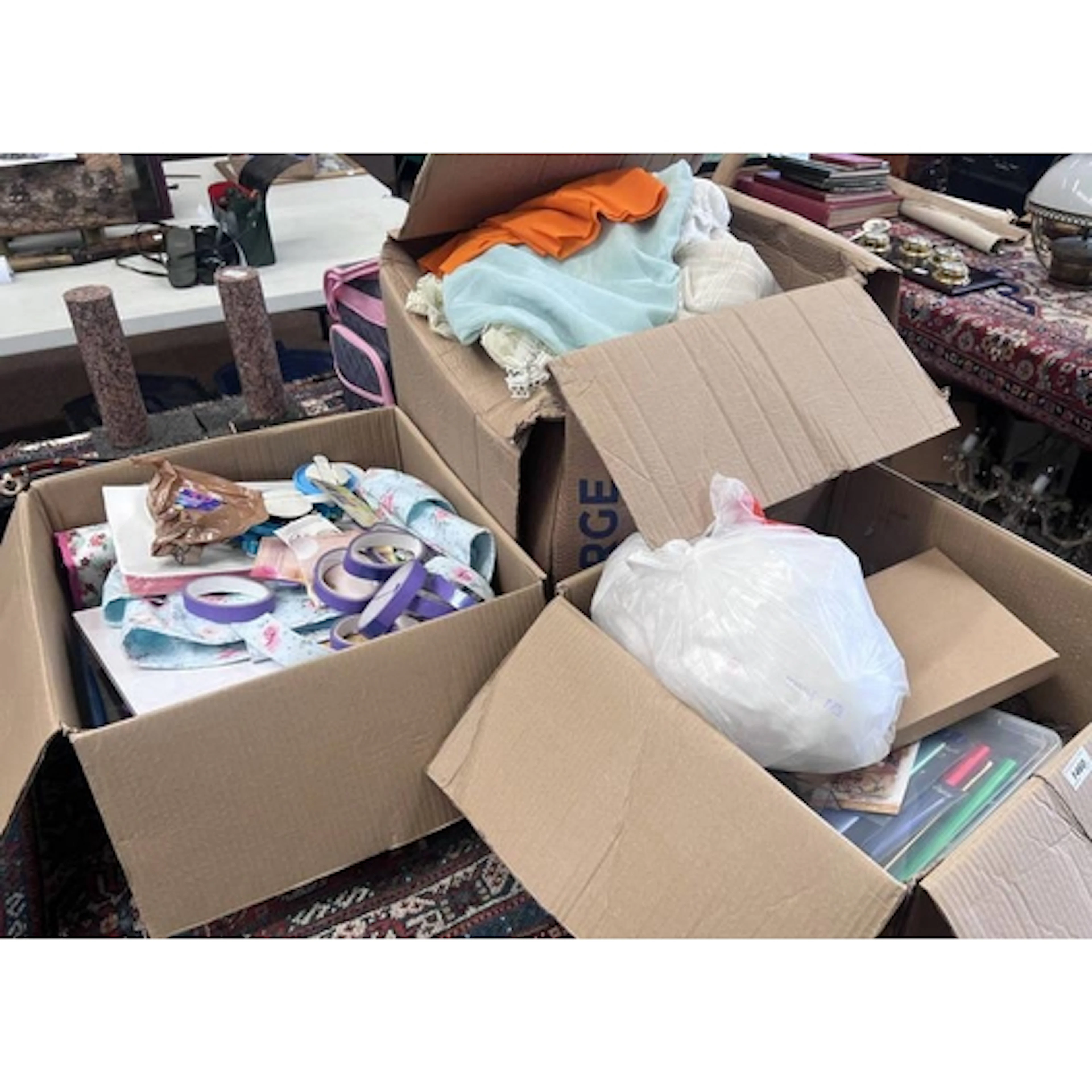 3 BOXES CONTAINING FABRIC, ARTS & CRAFTS PAPER, PAINT, ETC -...