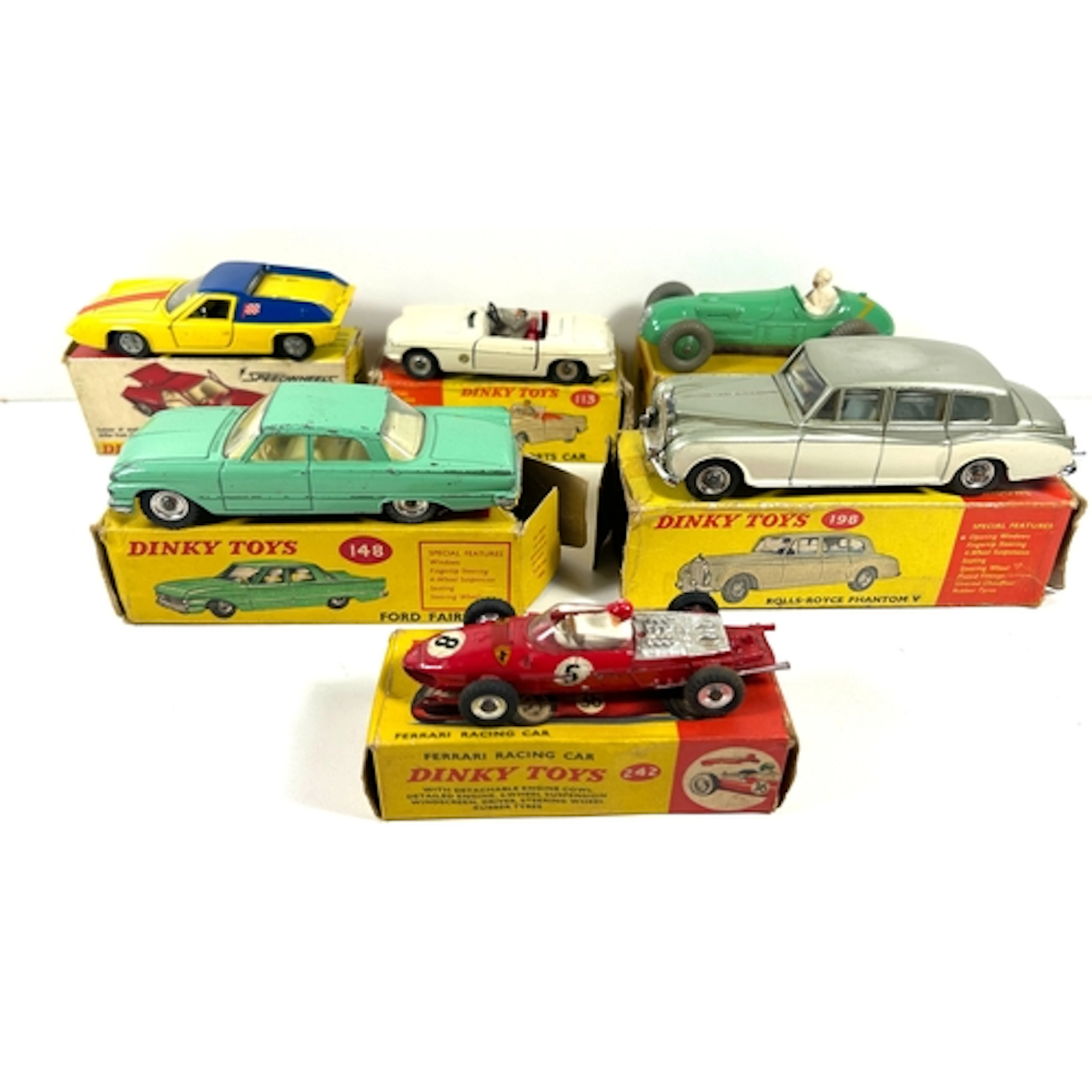 10x DINKY TOYS. 115 M.G.B. Sports car with driver but missin...