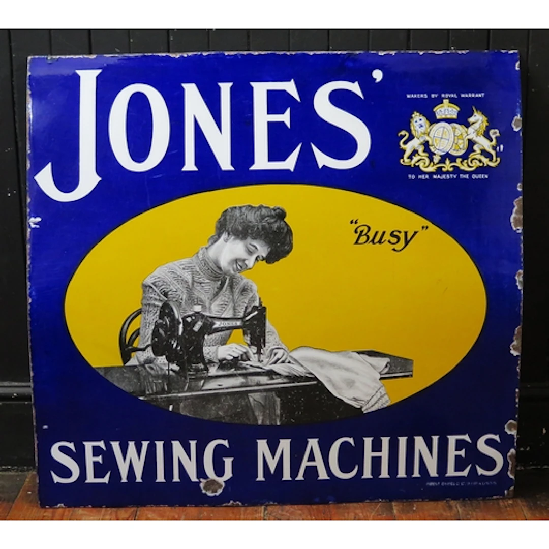 "Jones' Sewing Machines" - an enamel advertising sign, 81cm ...