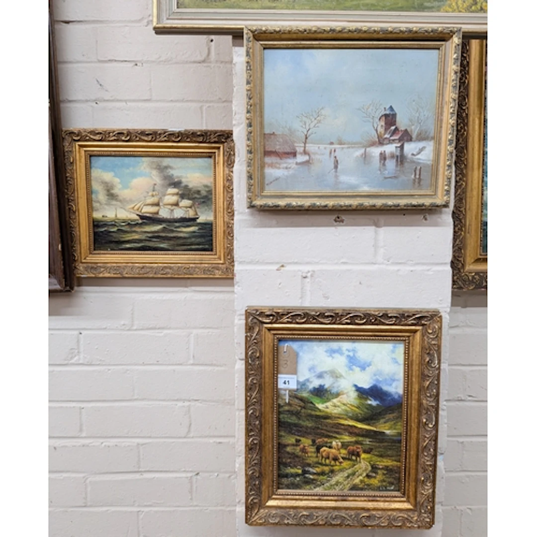 Three small oil paintings - a sailing schooner, highland cat...