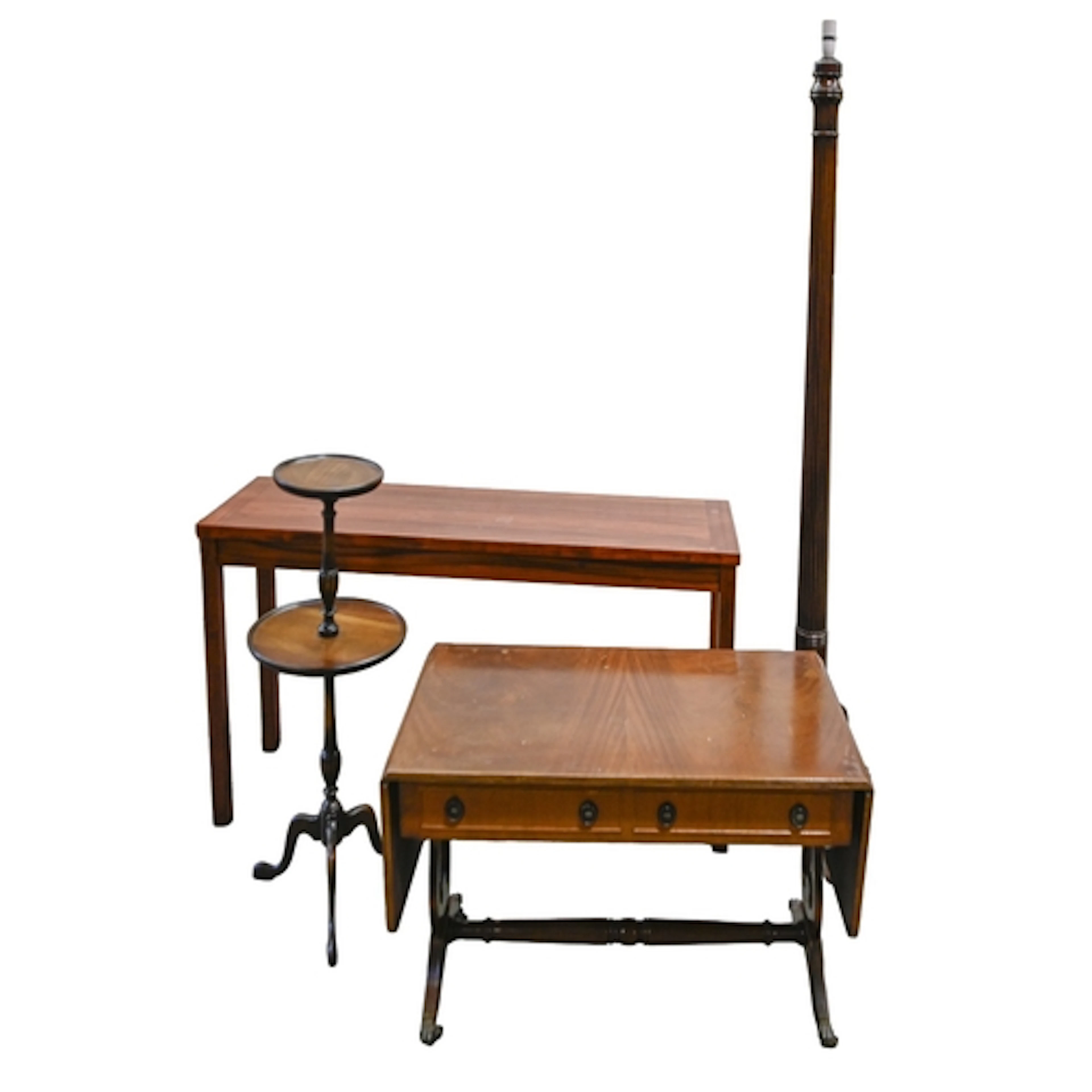 A mahogany standard lamp, on reeded pillar and tripod base, ...
