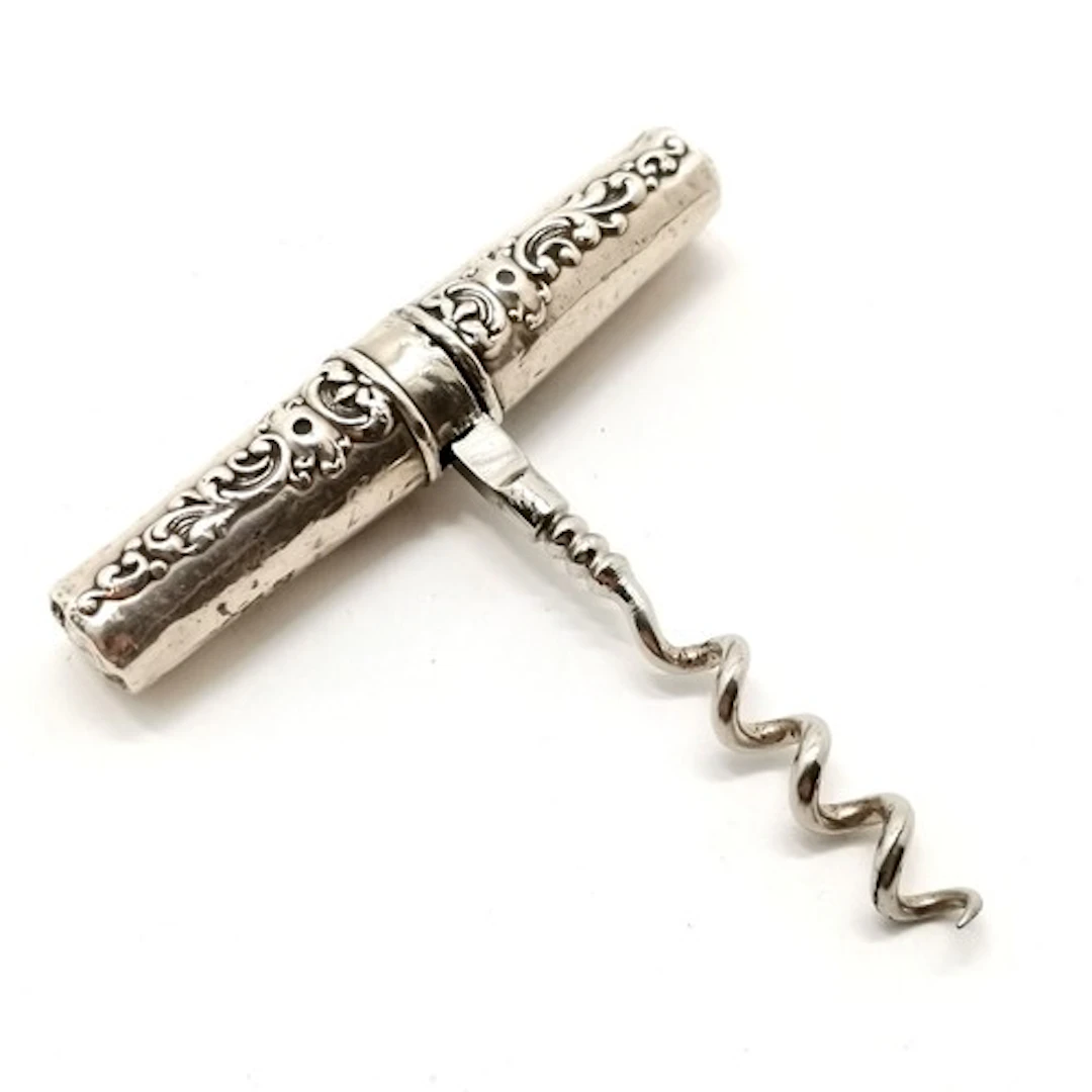 Antique sterling silver cased picnic corkscrew - open 7cm lo...