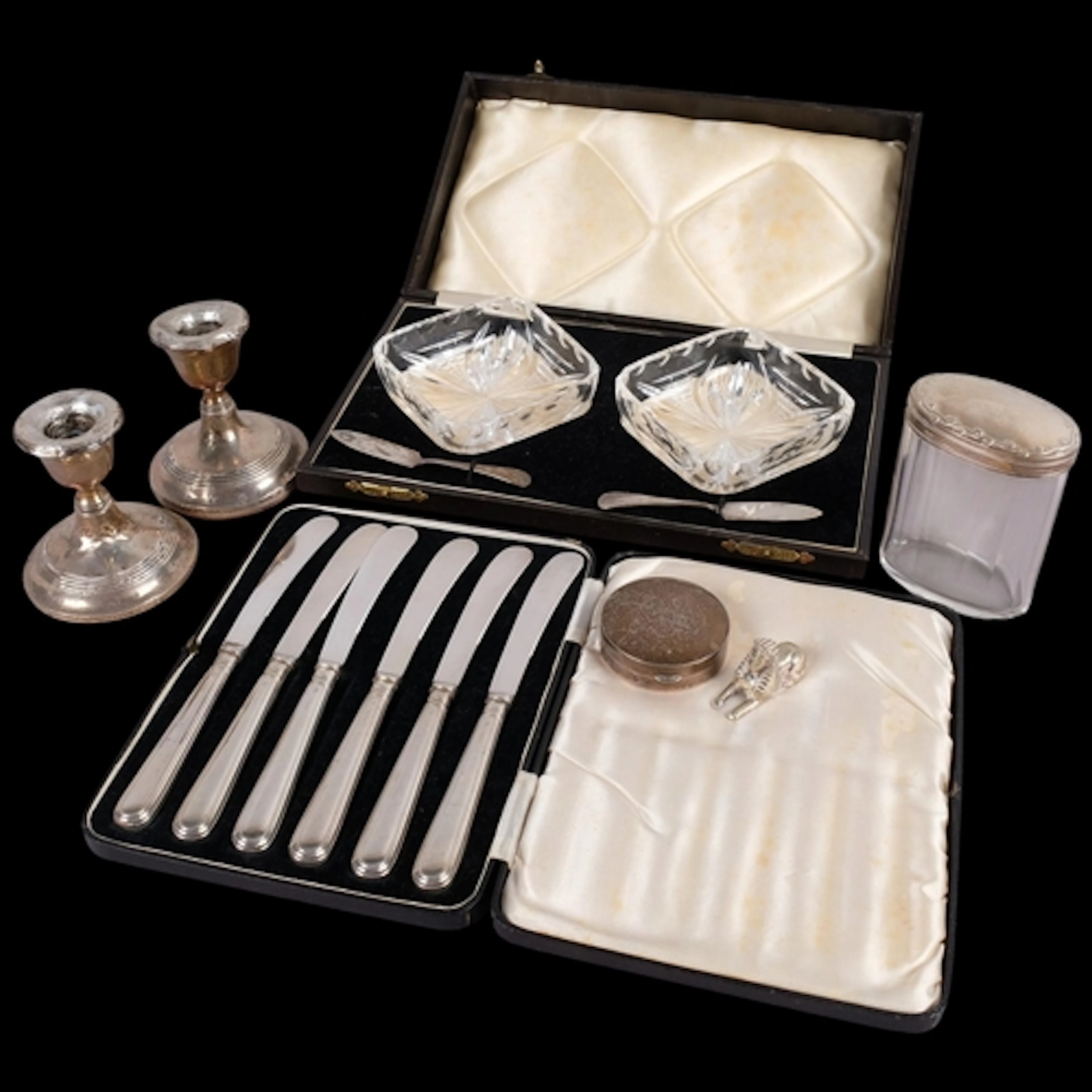 Various silver, including pair of squat table candlesticks, ...
