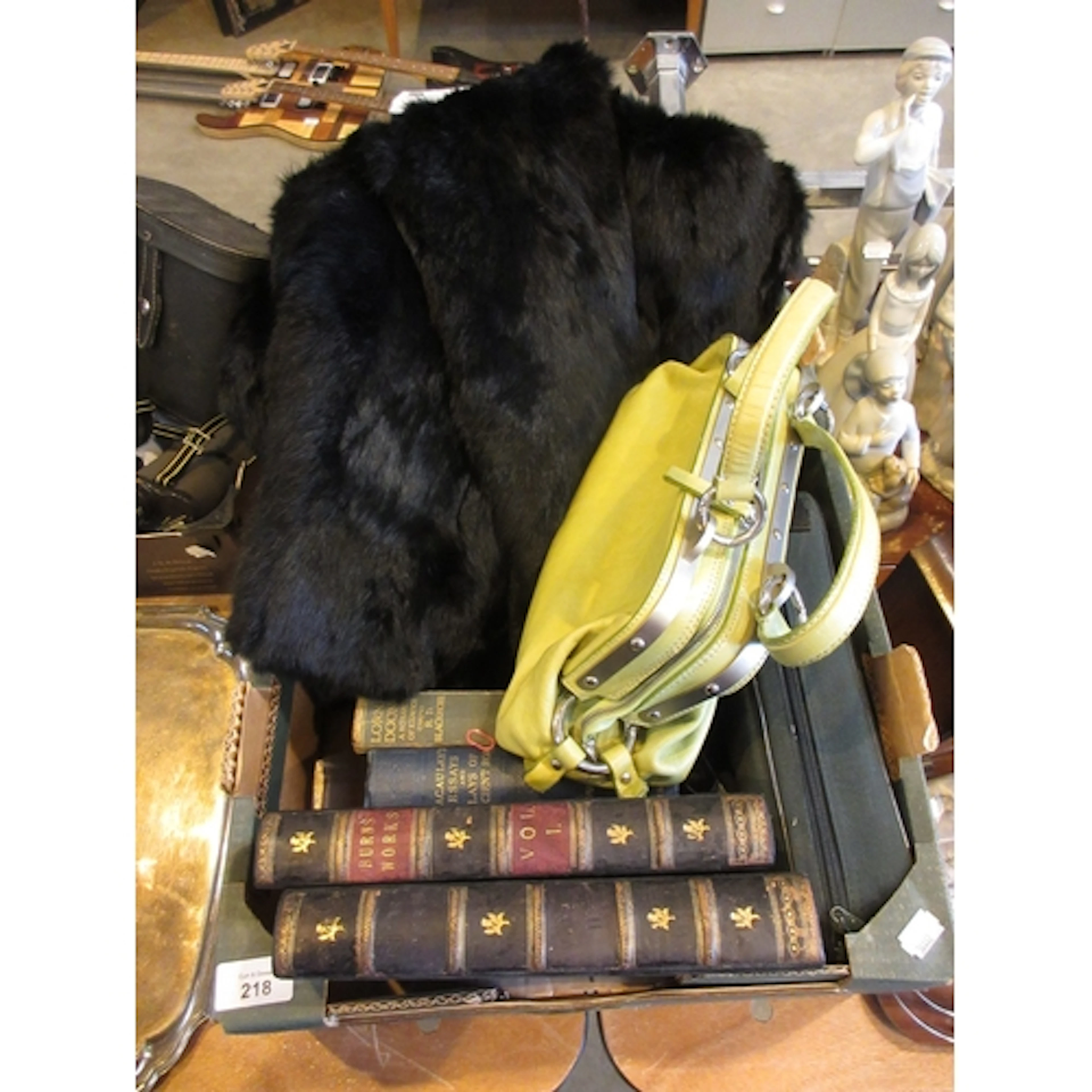 Box with Burns Books, Boules, Prada Handbag, Fur Coat, Scrab...