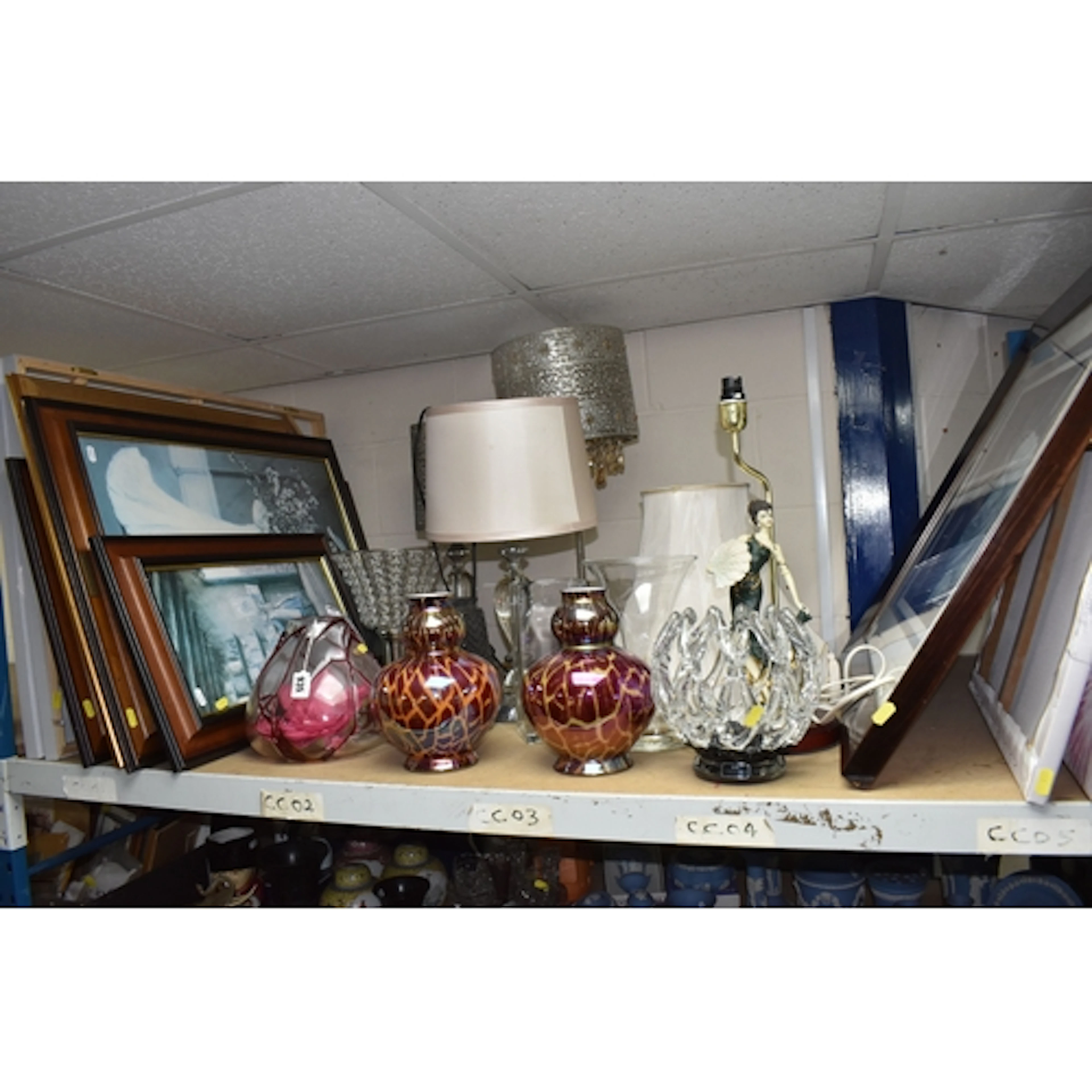 A GROUP OF PRINTS, LAMPS AND VASES, to include two iridescen...