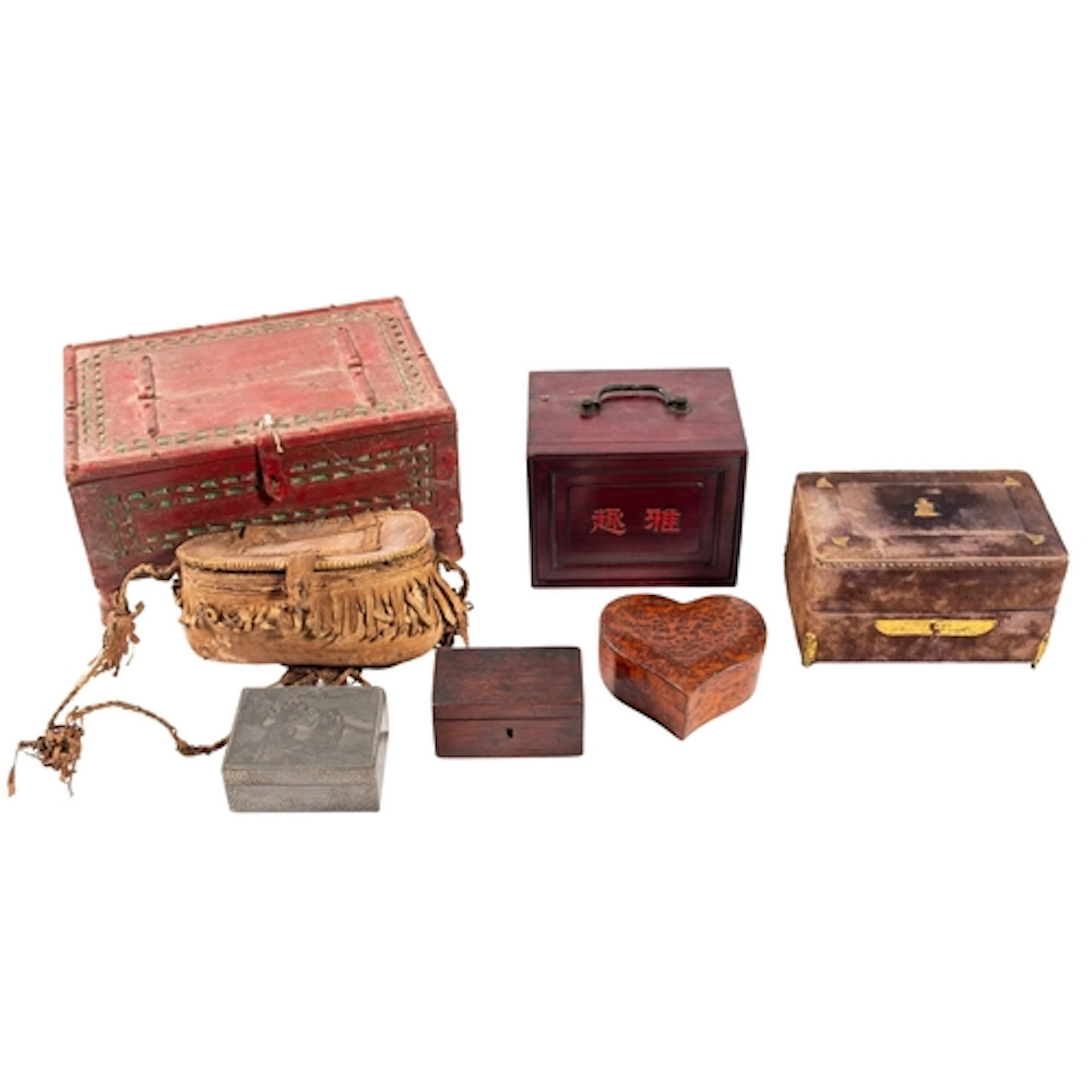 A collection of various wooden and other boxes, including a ...