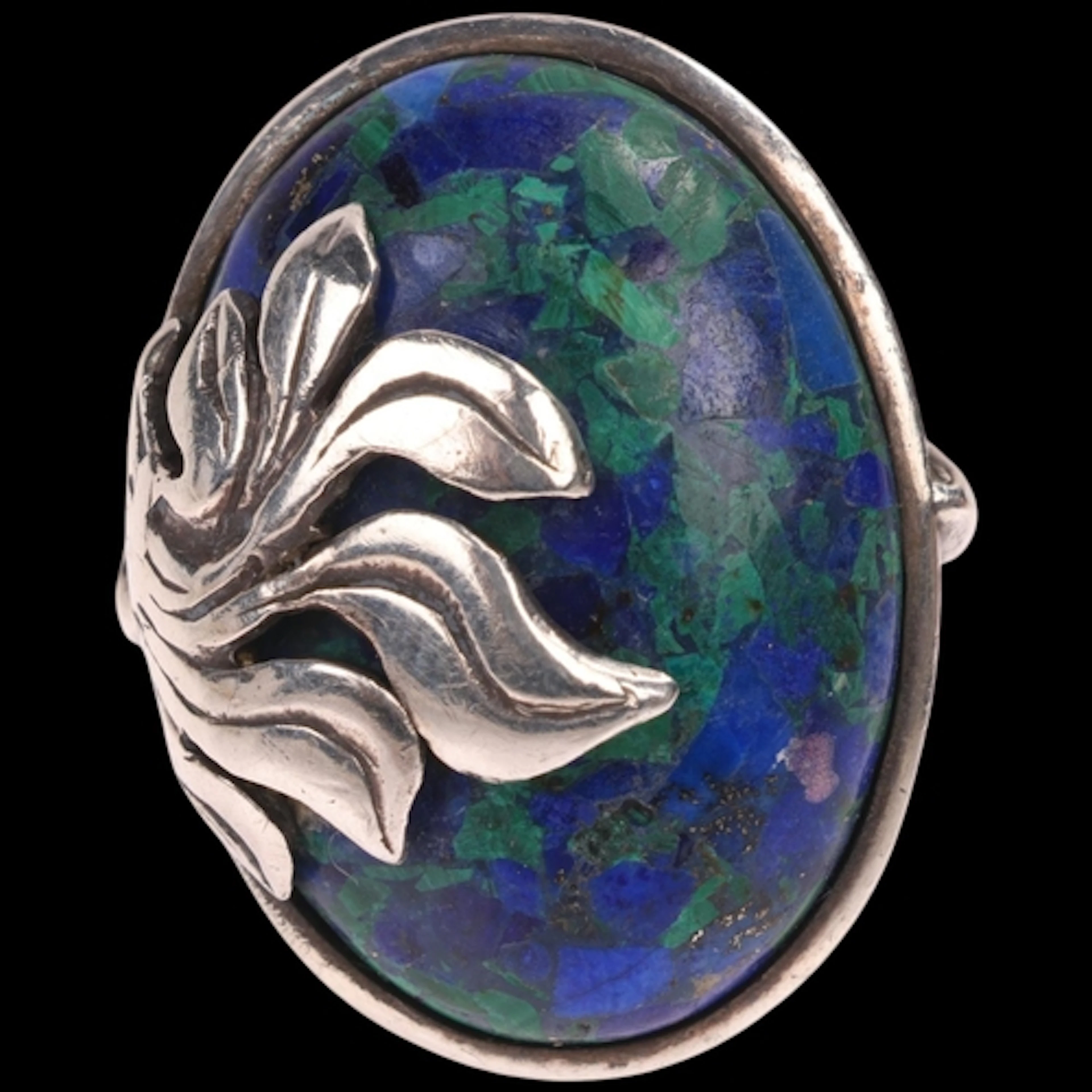 A Continental sterling silver azurite malachite panel ring, ...
