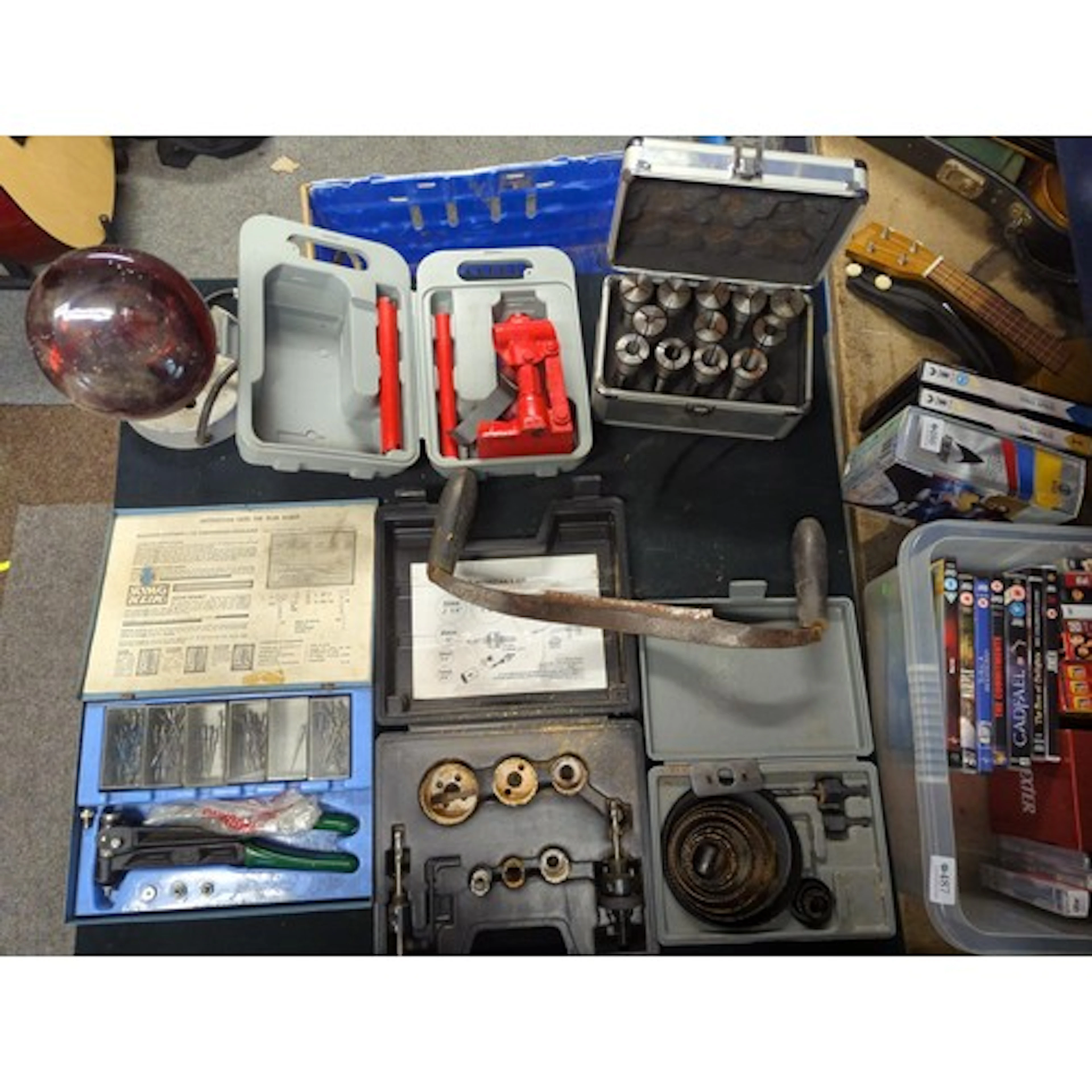 Phillips industrial light, bottle jack, electricians drill b...