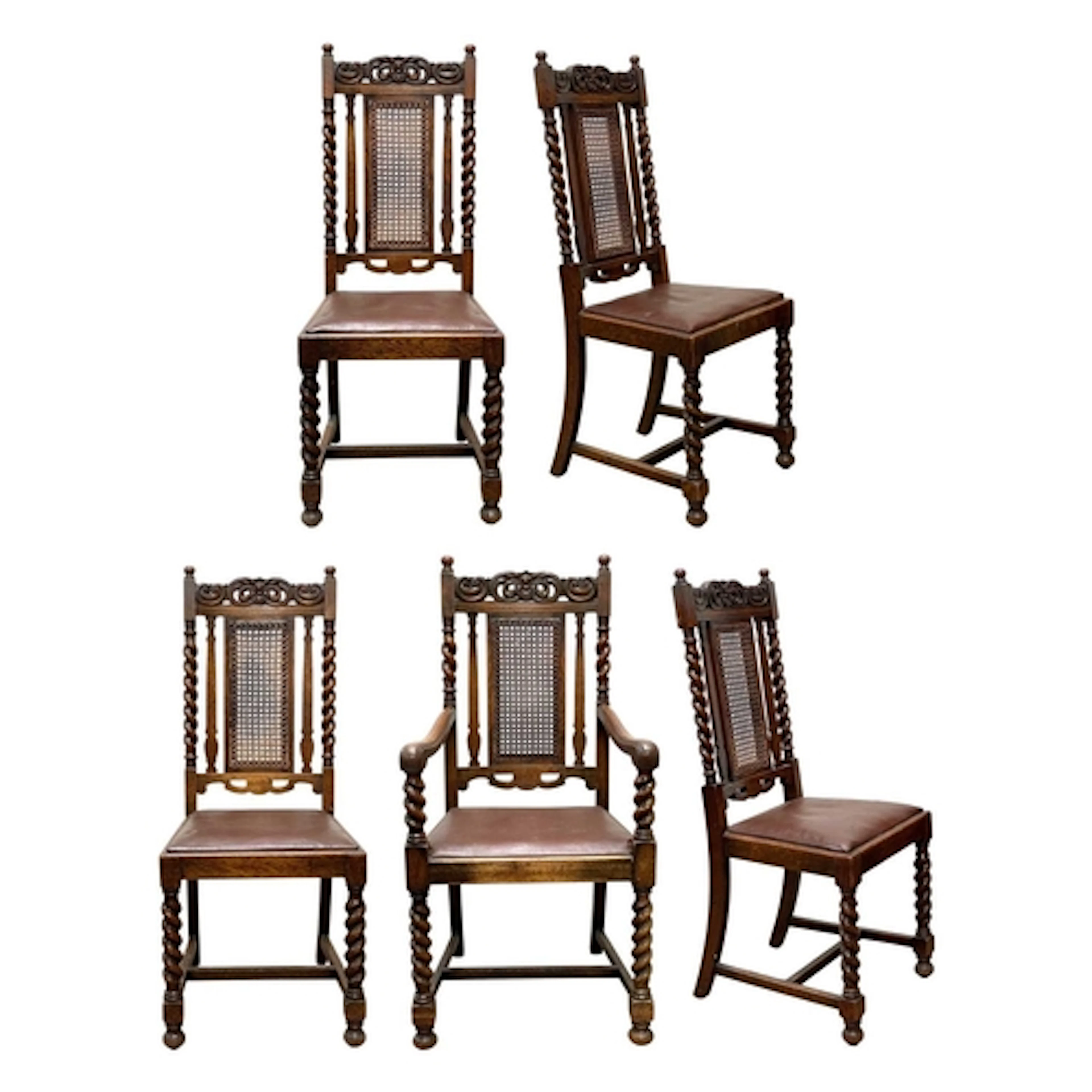 A set of five Carolean style oak dining chairs. By James Sho...