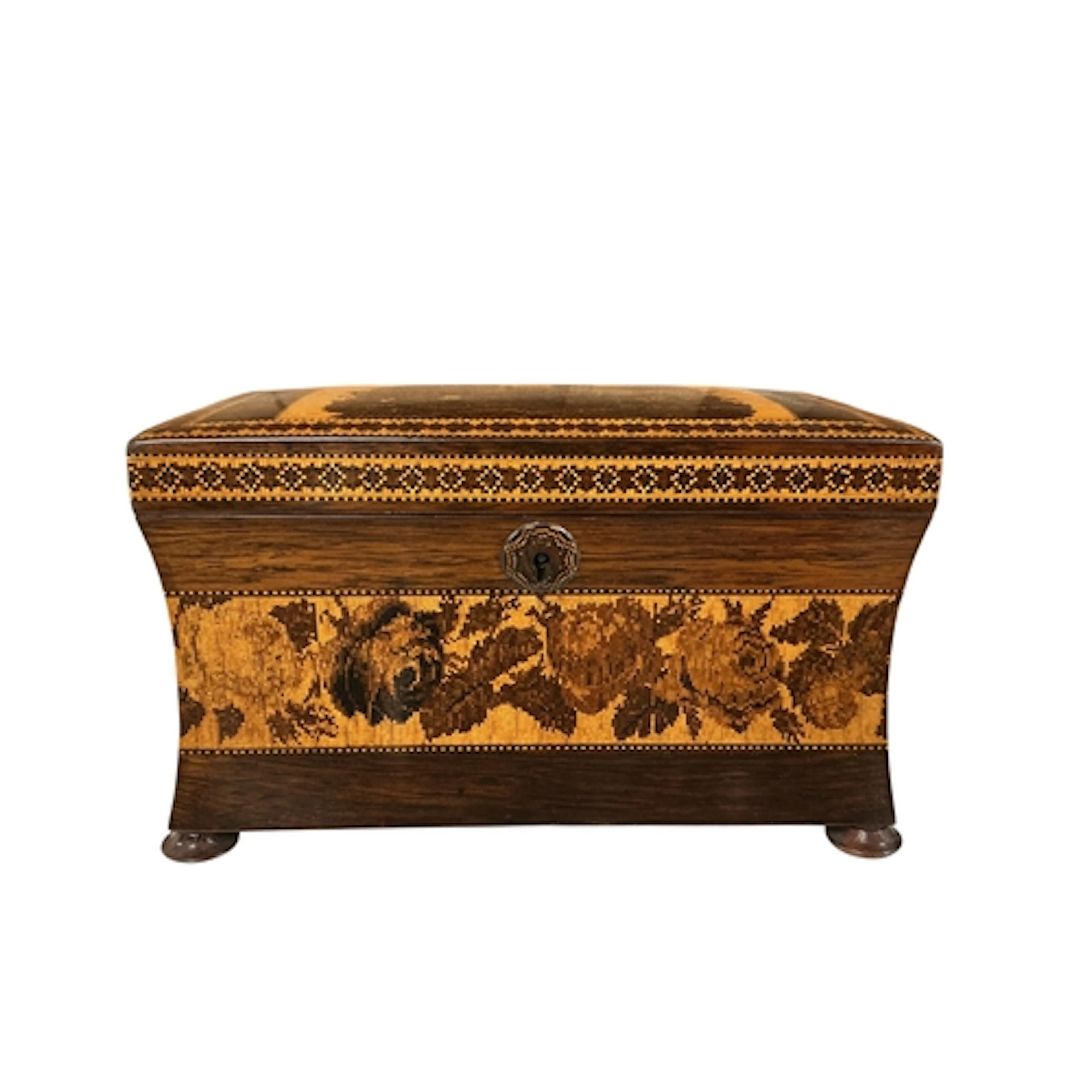 A Victorian Tunbridgeware rosewood tea caddy, the domed cove...