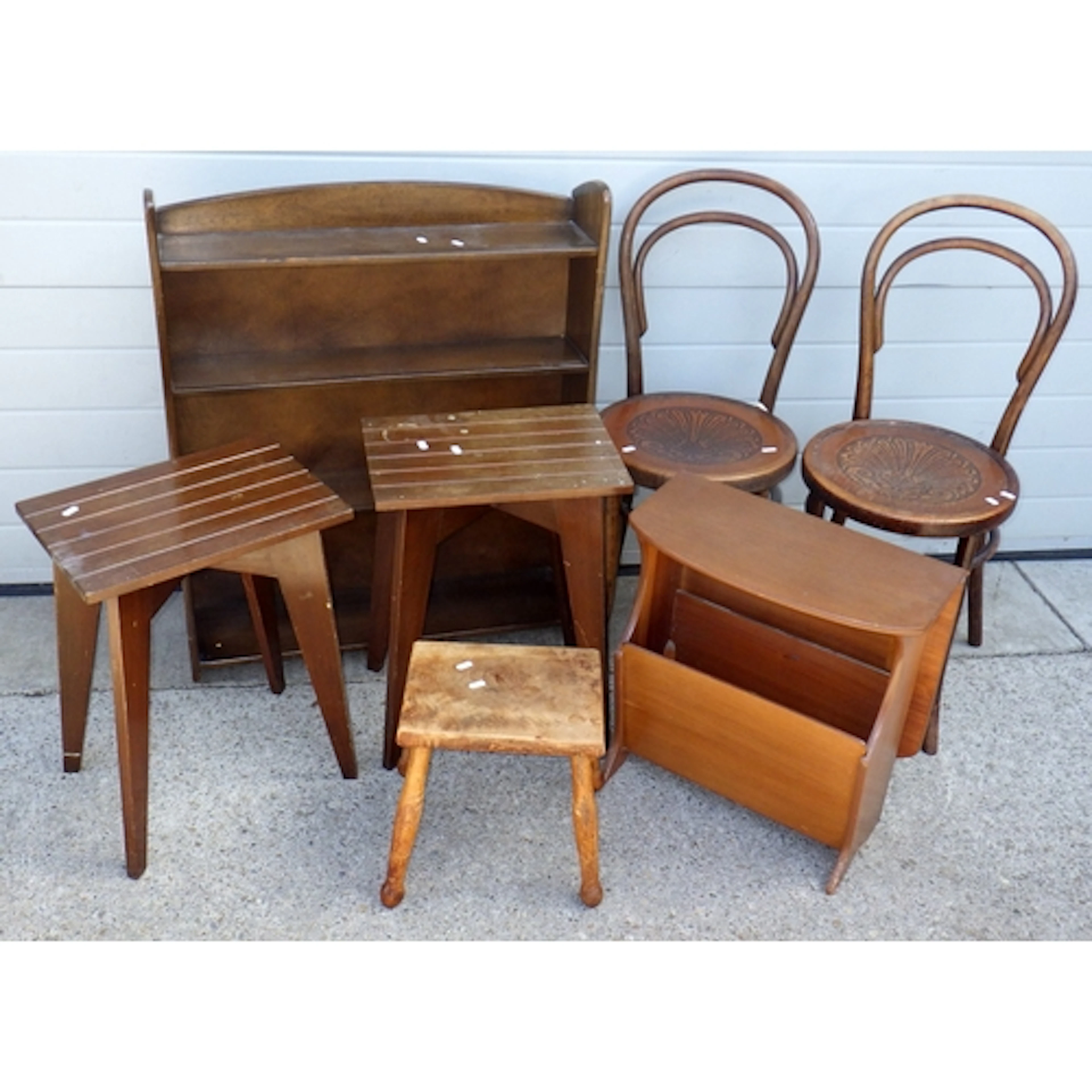 Two bentwood cafe chairs, an open low bookcase, 3 stools, ty...