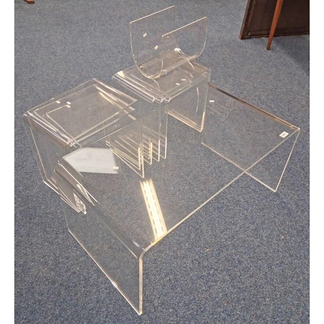 2 NESTS OF 3 LUCITE TABLES, MATCHING COFFEE TABLE & MAGAZINE...