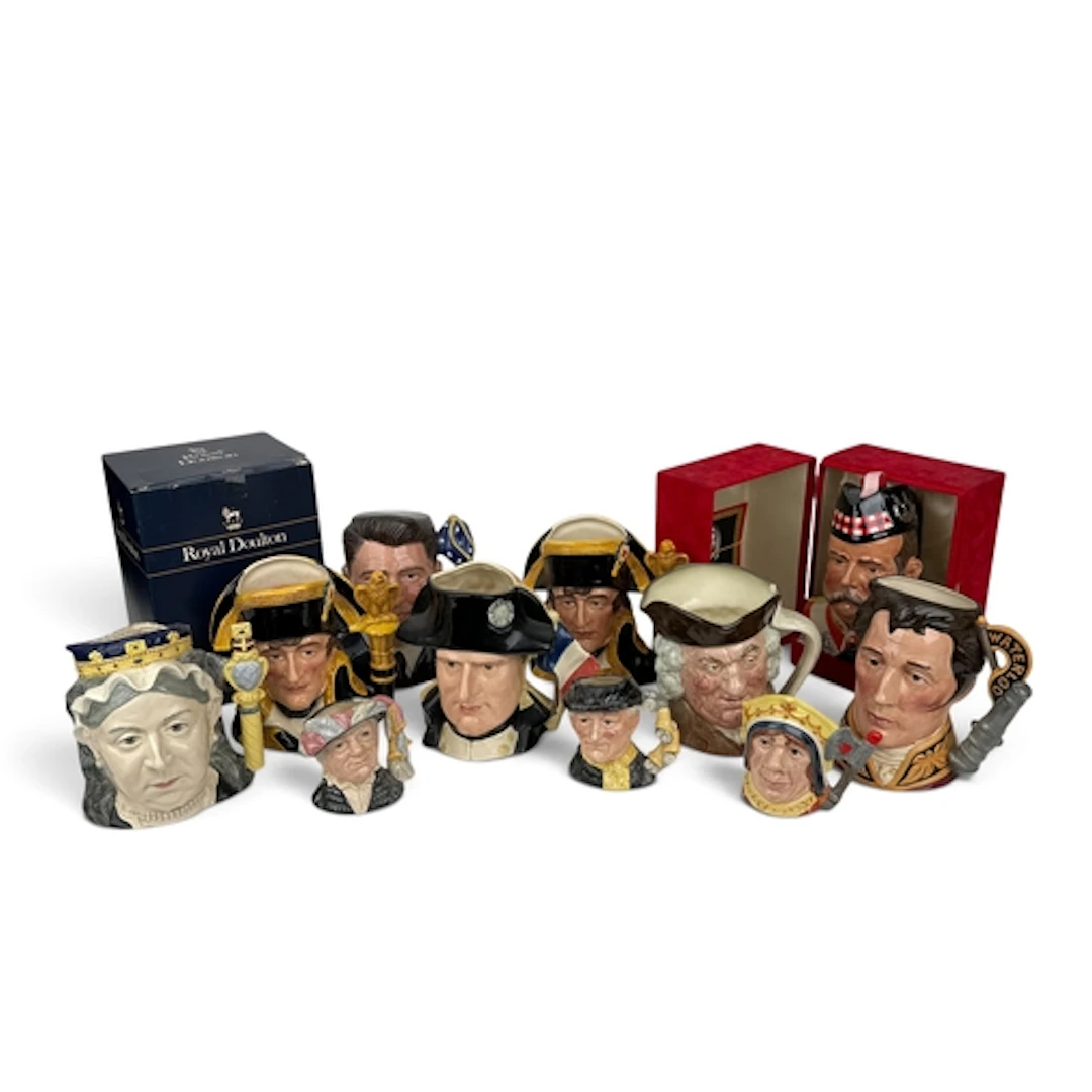 A COLLECTION OF ELEVEN ROYAL DOULTON CHARACTER JUGS, SOME LI...