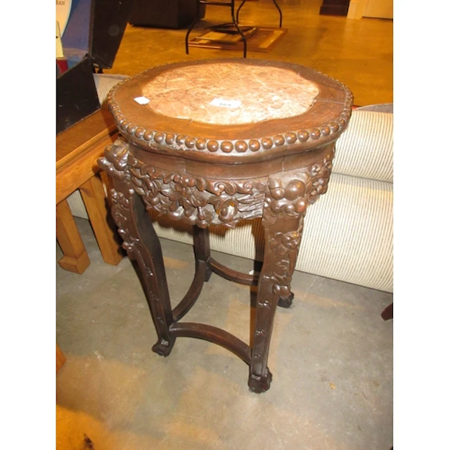 Chinese Carved Hardwood and Marble Top Plant Table, 35cm d, ...