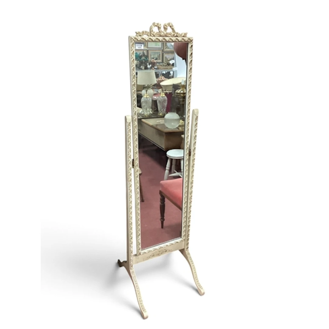 Cream Painted Cheval Mirror, with ribbon cresting, 43cm wide...