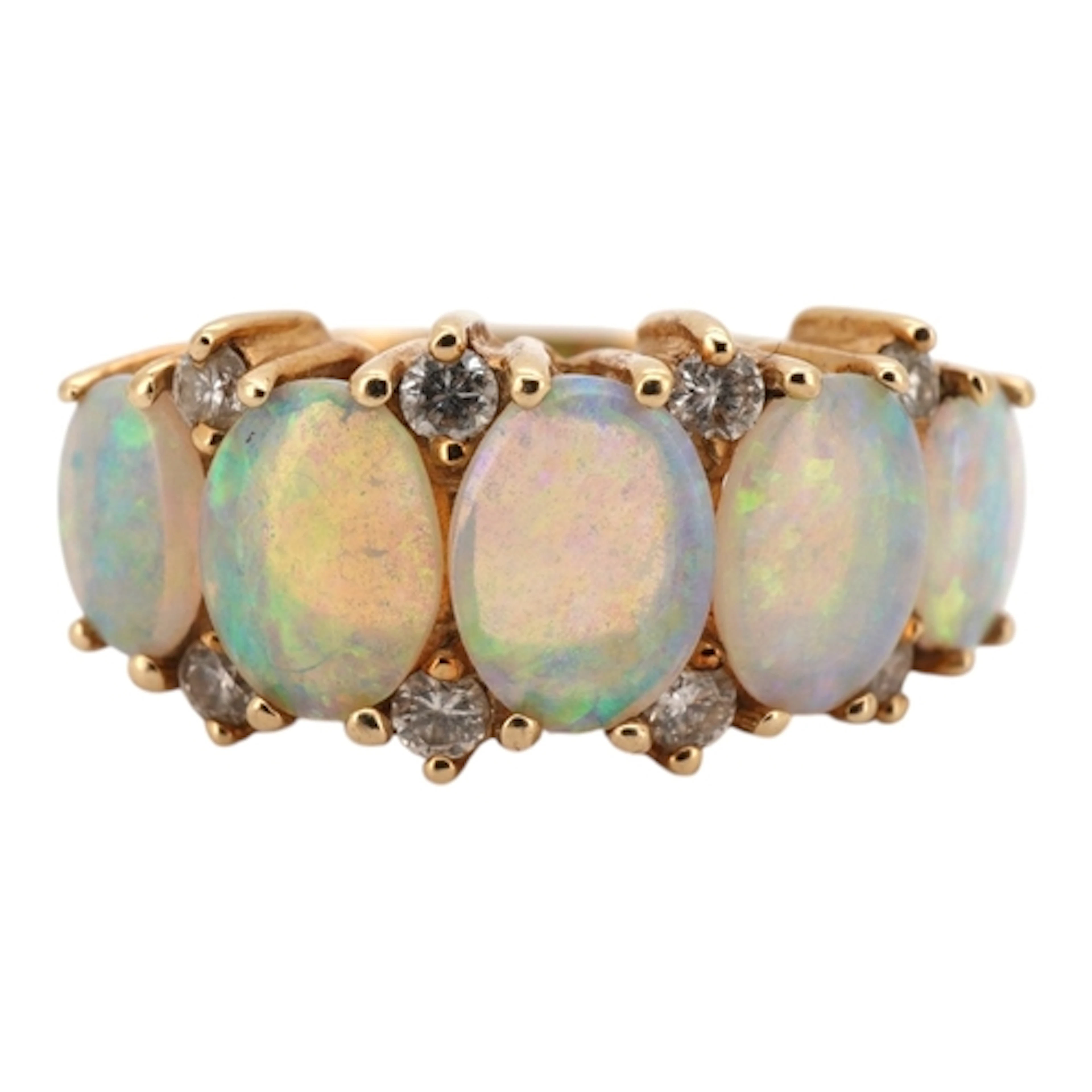 An opal and diamond ring, set with five graduated cabochon o...