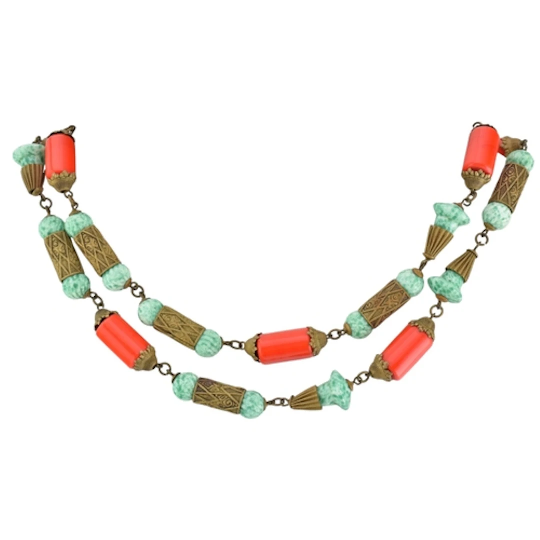 A 1930s Czech green and orange beaded Neiger Brothers' neckl...