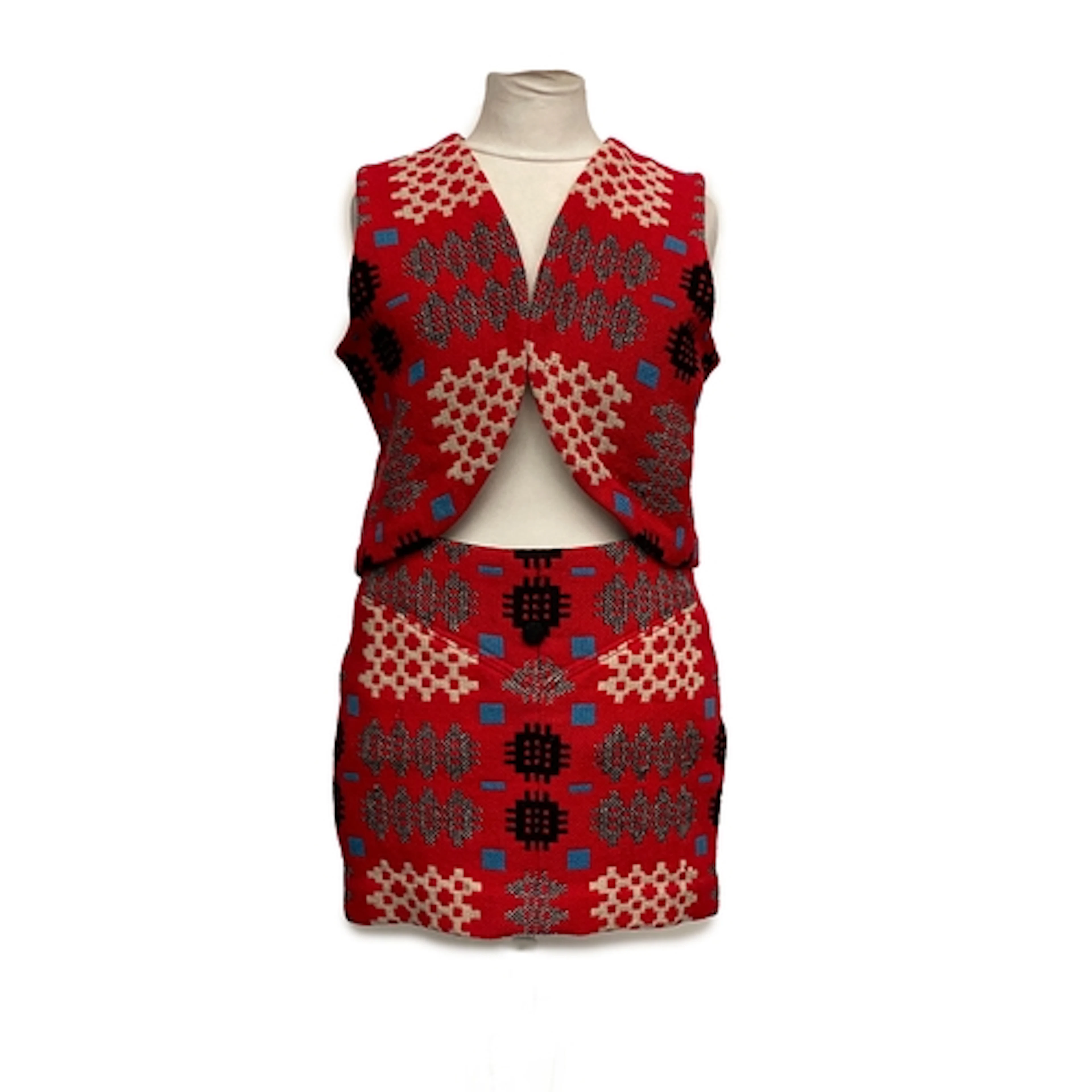 A vintage handmade wool two piece red patterned waistcoat an...