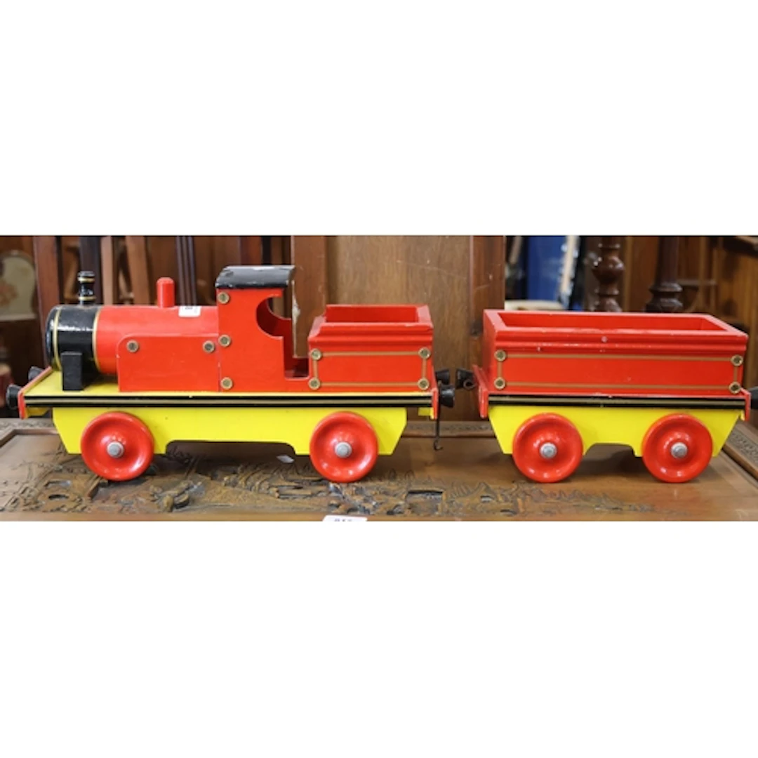 Wooden train and wagon.
