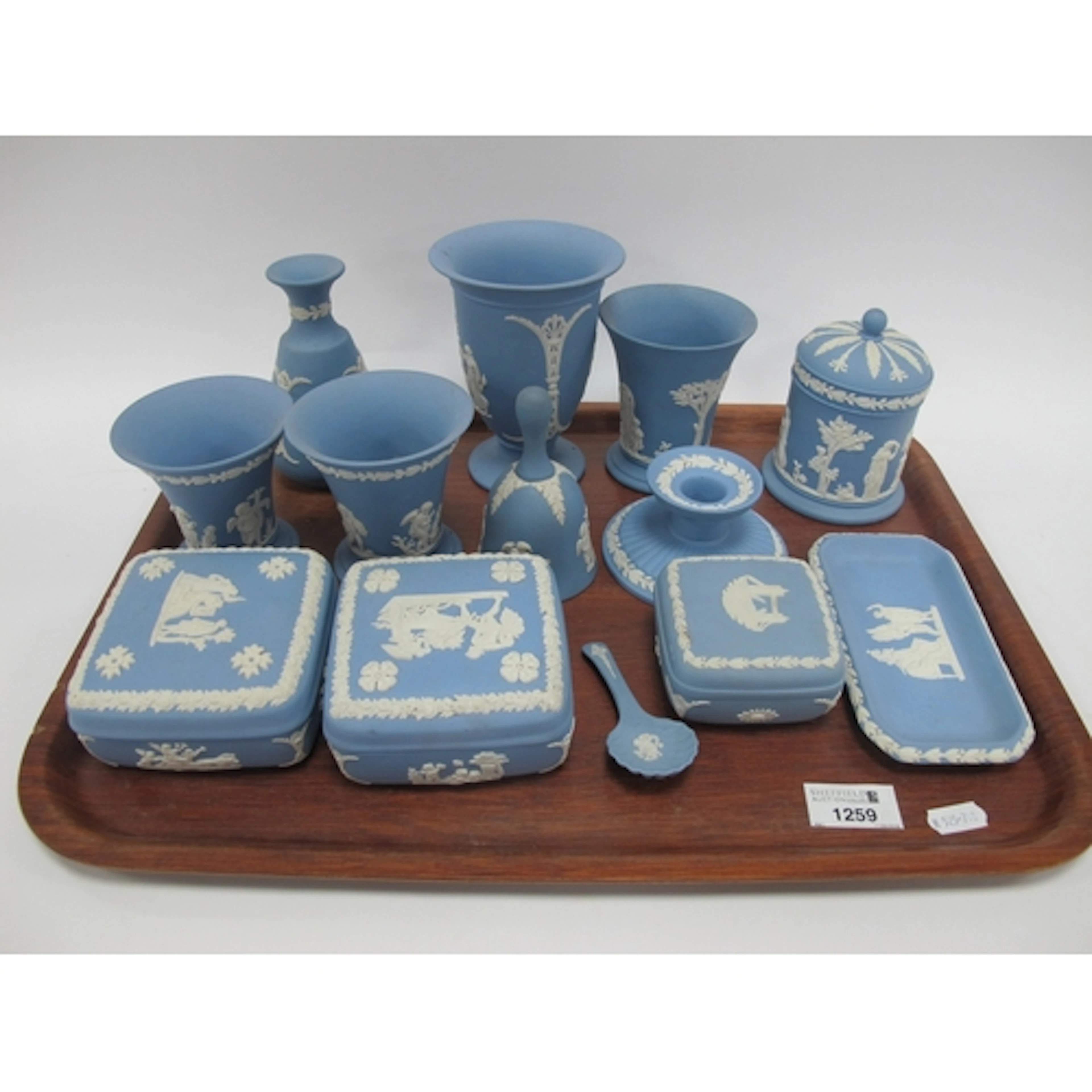 Wedgwood Powder Blue Jasper Ware Vases, the tallest 13cm, li...