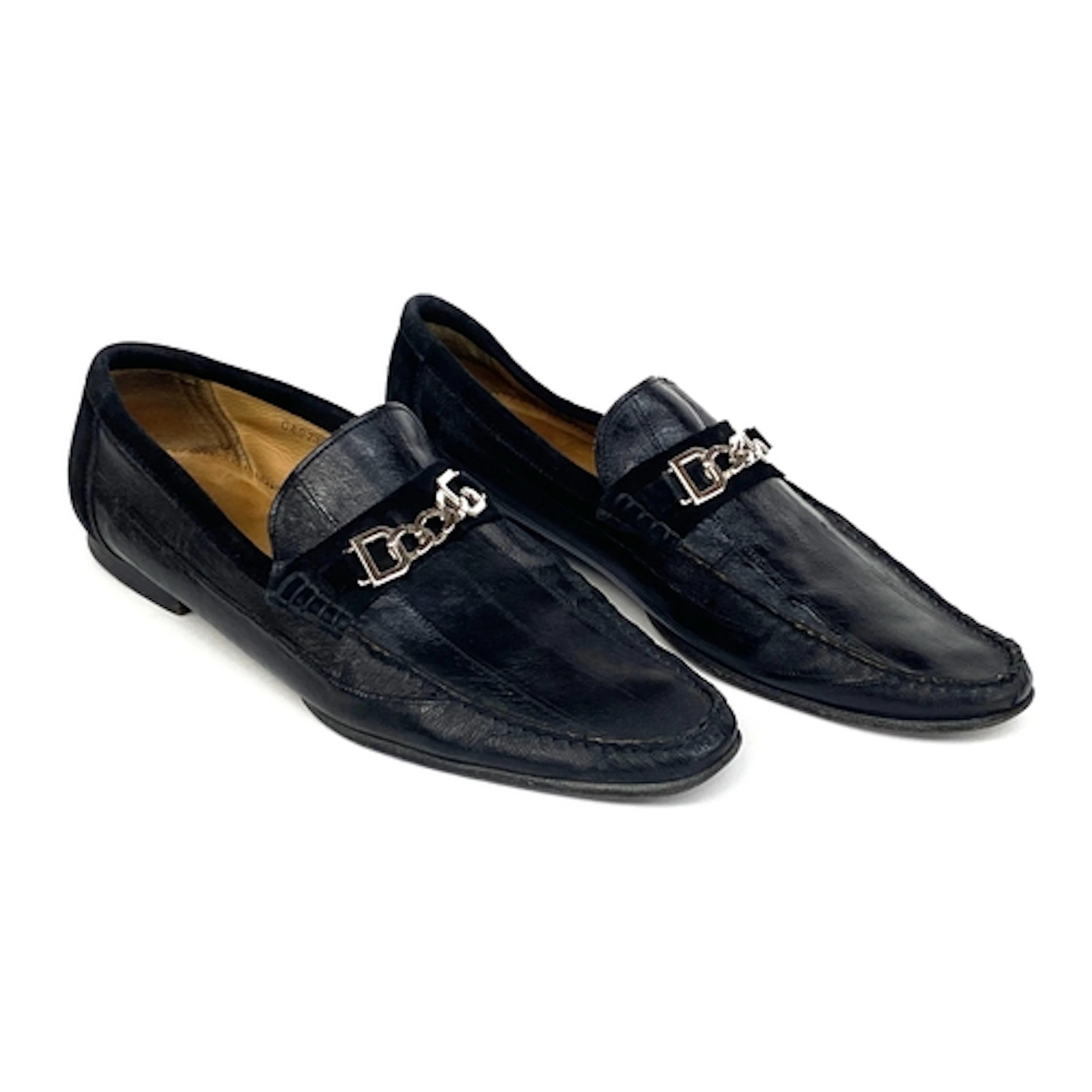 A pair mens Dolce & Gabbana black leather loafers with silve...