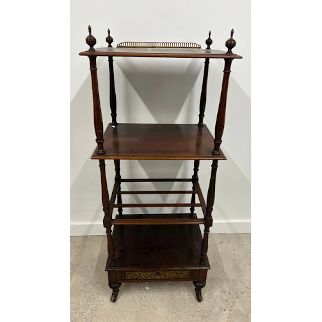 Vintage mahogany what not with four topped finials and decor...